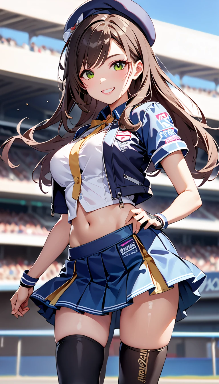 Ultra-high resolution, 1 Girl, 18-year-old, (Idol:1.4), (Famous actress :1.4), (Beautifully detailed face:1), bangs, (Multicolored floating hair), Dentate-like changes in the skin, light makeup, (Beautiful bust:1.3), (Glowing Skin:1.1), Shiny skin, Long limbs, slim, Hanging chest:1.3, Tight waist, Medium Hips, Thin legs, slim太もも, Dynamic Lighting, Sexually suggestive face, Shiny texture, lipstick, V-shaped eyebrows, V-line chin, View your viewers, (Long Hair:1.3), (Perfect Face:1.4), ((Strong winds)), Flowing Hair, audience, (A shy smile:1.3), blue sky, (((Monte Carlo Street Circuit))), (((Racing Car))), (((Racing Bike))), ((Promotional Girl:1.3)), ((Grid Girls:1)), Pink Lip, light makeup, (The promotional costumes, which are carefully crafted down to the last detail,:1.10), Lace-up boots, Short sleeve, Cropped tops, ((Short jacket:1)), (Tube top bra:1), Knee-length, (((たくさんのロゴが入ったナイロンShort sleeveジャケット))), (Logo glitter long nylon pleated skirt), Small Ass, ((Promotional wear with logo:1.3)), (((Shiny blue and metallic gold glitter promotional wear))), Fingerless gloves, Black Hair, Brown Hair, Redhead, blue eyes, (Drops of sweat:1), (Movement angle), walking, audience,