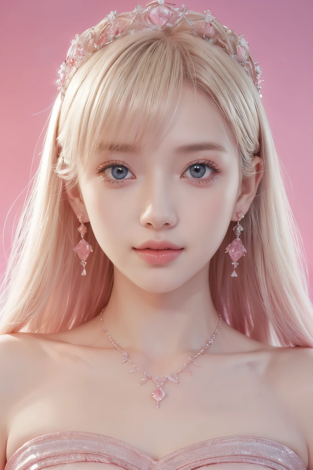 1girl,star blue eye,blush,perfect illumination,upper body,3DMM,blonde hair,long hair,jewelry,gradient pink background,pink dress,earrings,pink dress,realistic,necklace,looking at viewer,tiara,pink lips,light smile,unreal engine,side lighting,detailed face,bangs,bright skin