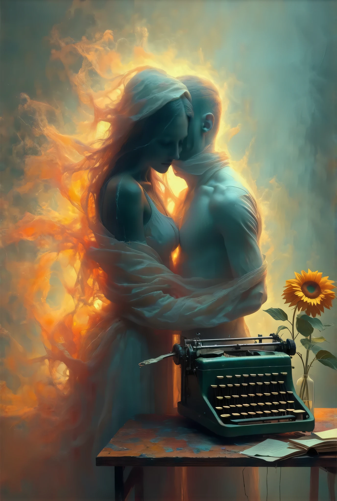 A creative angle perspective reveals a vibrant scene: a glowing ghostly silhouette woman covered by a bed sheet emerges from a canvas to hug a blurry face artist man holding a sunflower. Fuzziness movement of the two characters. Complementary colors and balanced tones enhance the dreamlike, foggy, blurry scene in a novelist's room with a typewriter. Paper collage layers are featured.