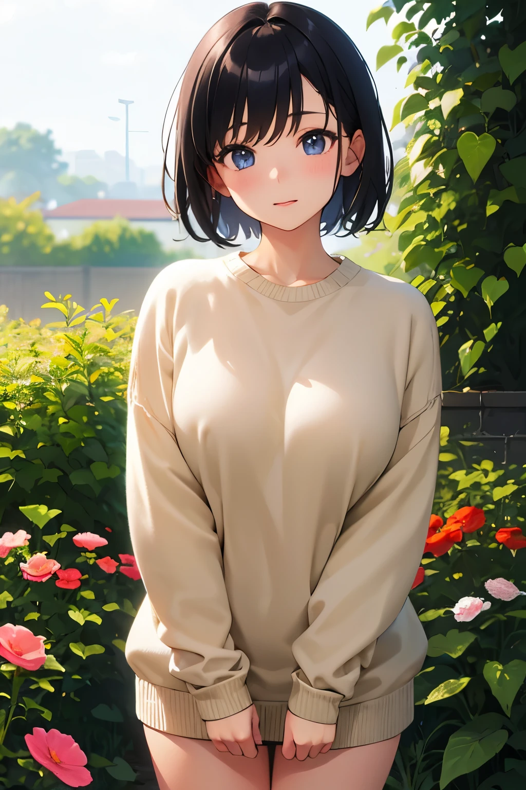 High resolution, Highest quality,  super high quality, Very detailed, 8K、(underwear:1.2)、、Embarrassing、Sweaty、Sweat、Embarrassing、(masterpiece:1.2, Highest quality), (Realistic, photoRealistic:1.4), Beautiful illustrations, (Natural Side Lighting, Cinema Lighting), View your audience, whole body, 1 Girl, Japanese, high school girl, Perfect Face, Cute and symmetrical face, Shiny skin, Baby Face, (short hair, Low Twintails,Black Hair), Hair between the eyes, black eye, Big eyes, Droopy eyes, (Center of chest, Captivating thighs, Big Ass)、
