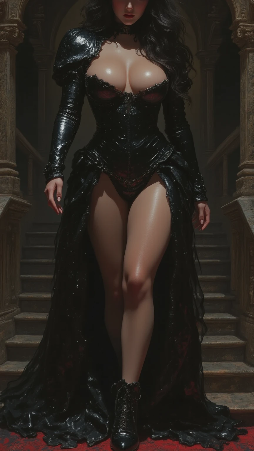 A 30-year-old Asian woman posing for a photo，Mature and charming，Lewd exposure ，Mechanical arm，Camel toe，NSFW，Release liquid，Put on sexy high heels