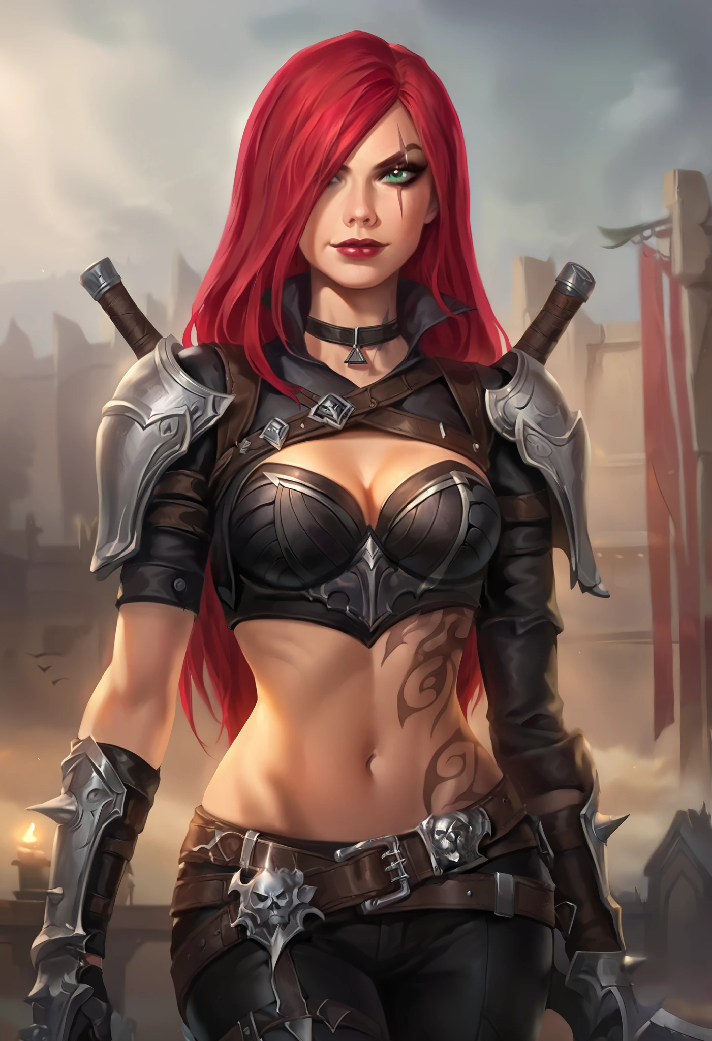 (best quality, realistic, detailed) Katarina wearing bra and panty, red long hair, slim, smooth lighting
