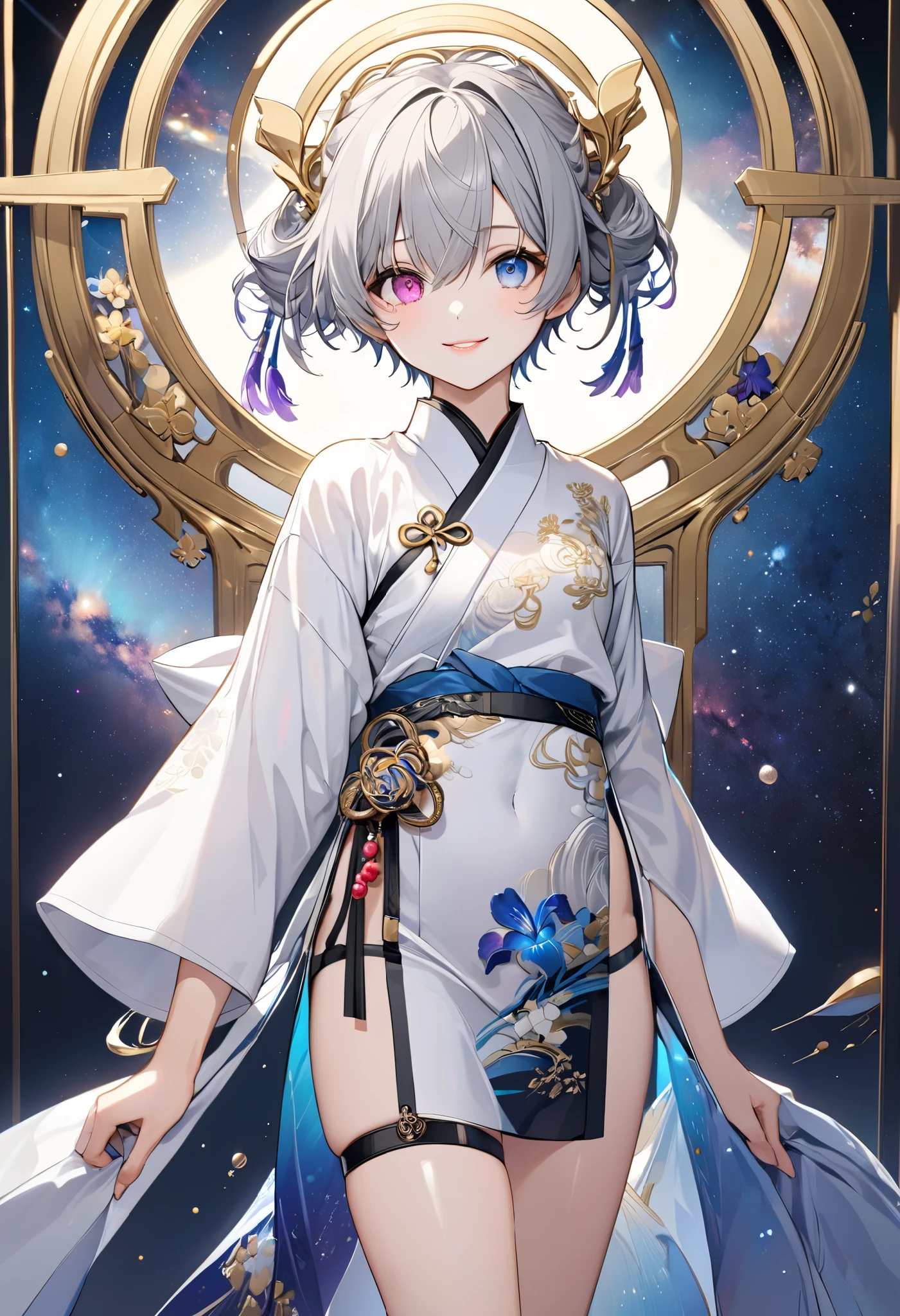 fresh illustration ,
Superfine painting,
very delicate illustration ,
Very fine details ,
1boy ,
( standing)
Alone,
Height: 158cm,
white skin,
Cheeks are ruddy,
(The iris of the left eye is light sky blue and the iris of the right eye is magenta ),
(Complete iris heterochromia ),
beautiful eyes,
large black pupils ,
short hair while on a business trip,
(Gray Hair),
only the base of the hair is light blue ,
The hair has gradation ,
shiny hair with makeup,
Young, beautiful, beautiful face ,
The lips are extremely small,
is smiling,
A small halo that shines brightly floats on the head ,
raised eyebrows ,
The upper body is wearing a kimono in kimono ,
six pack,
The lower body is long, transparent clothing in the style of a Chinese dress with slits at both hips,
The color of the belt is black ,
Overall white clothes ,
The belt has tasteful embroidery with gold thread ,
fine fabric clothing ,
Slim waist,
Thin legs,
jockstrap underwear ,
the thigh strap cuts into the skin ,
The tips of the white long boots are Japanese style ,
Isometric,
golden ratio,
god々 like atmosphere,
The undershirt is indigo-colored with a stand-up collar,
outer space ,
Milky Way,
Little Star々 upper body ,
tactical use of shadows ,
Head rings and hair fit in a frame ,
Clothes fit in a frame ,
is facing the front,