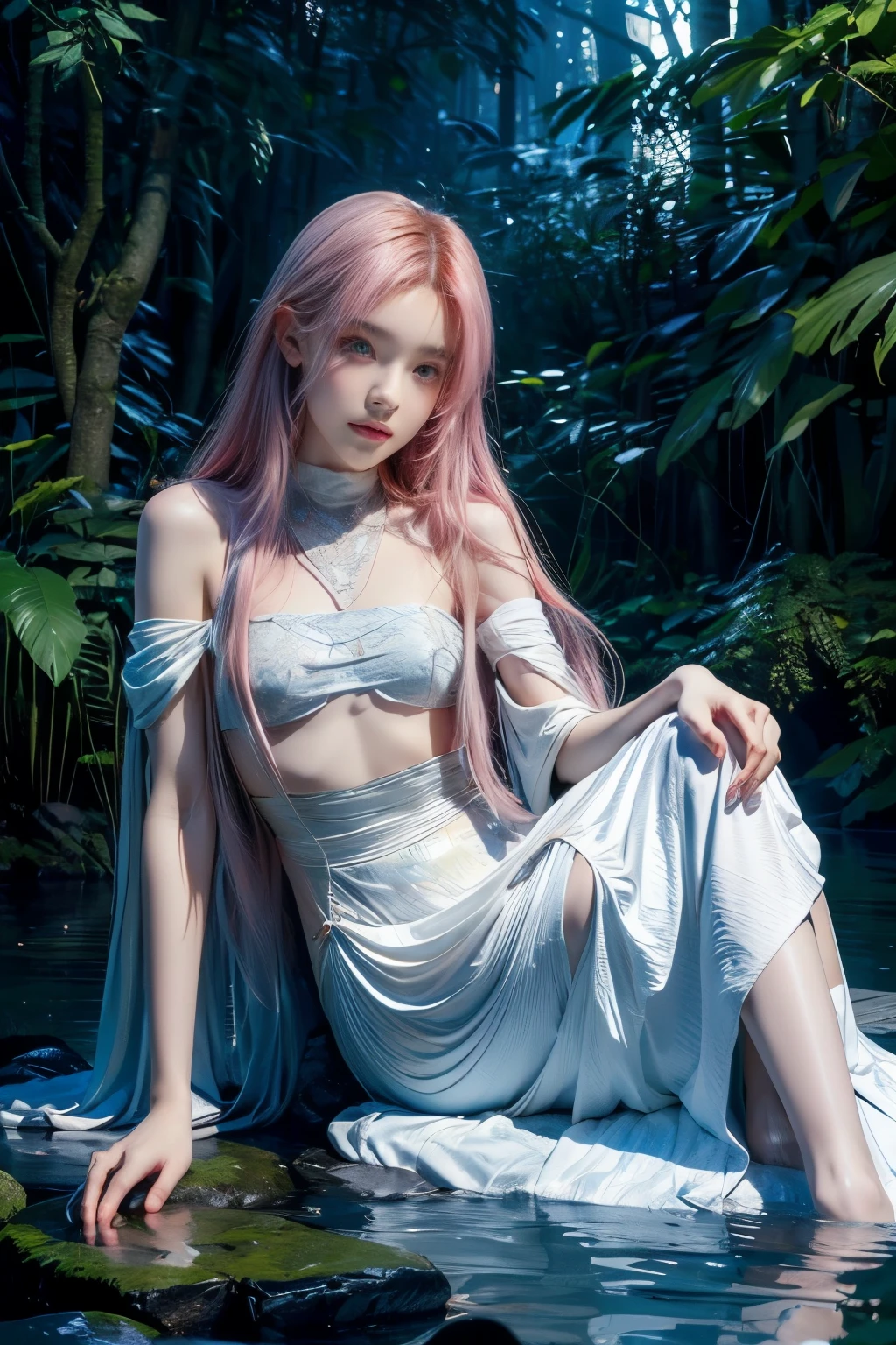 Rose from blackpink, pink hair, (full body), wearing medieval long clothes, sitting on a rock, feet in the water, Drenched hair, The background is a forest, sunset, (masterpiece, best quality, award winning, highres), skinny, intricate and beautiful design, highly detailed beautiful face, super detailed beautiful eyes, light smile, sitting near stream, forest, leaves flow, windy, sun lights through forest, fantasy art, dynamic lighting, cinematic lighting, hyper realistic, extremely CG detail, octane render, (artistic + masterpiece:1.4), (incredibly detailed eyes), (8k, Photorealistic, Photo RAW, Best quality: 1.4), (UHD), (Ultra high realism), (Ultra high definition), (Ultra high detail), (Realistic face), Beautiful hairstyle, Realistic bright amber eyes, Beautiful details, (Realistic skin), Pale, smooth and luminous skin with iridescent shine and no imperfections, Ultra high definition, Ultra realistic, Highly detailed