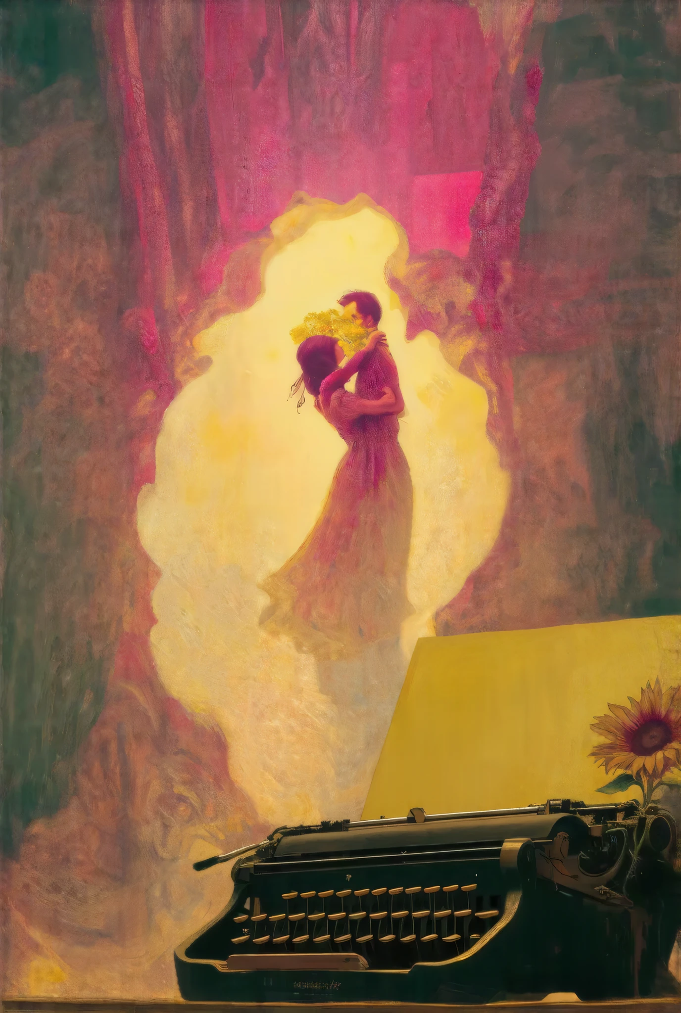 A low-angle perspective reveals a vibrant scene: a glowing ghostly silhouette woman emerges from a canvas to hug a blurry face artist man holding a sunflower. Fuzziness movement of the two characters. Complementary colors and balanced tones enhance the dreamlike, foggy, blurry scene in a novelist's room with a typewriter. Paper collage layers are featured.