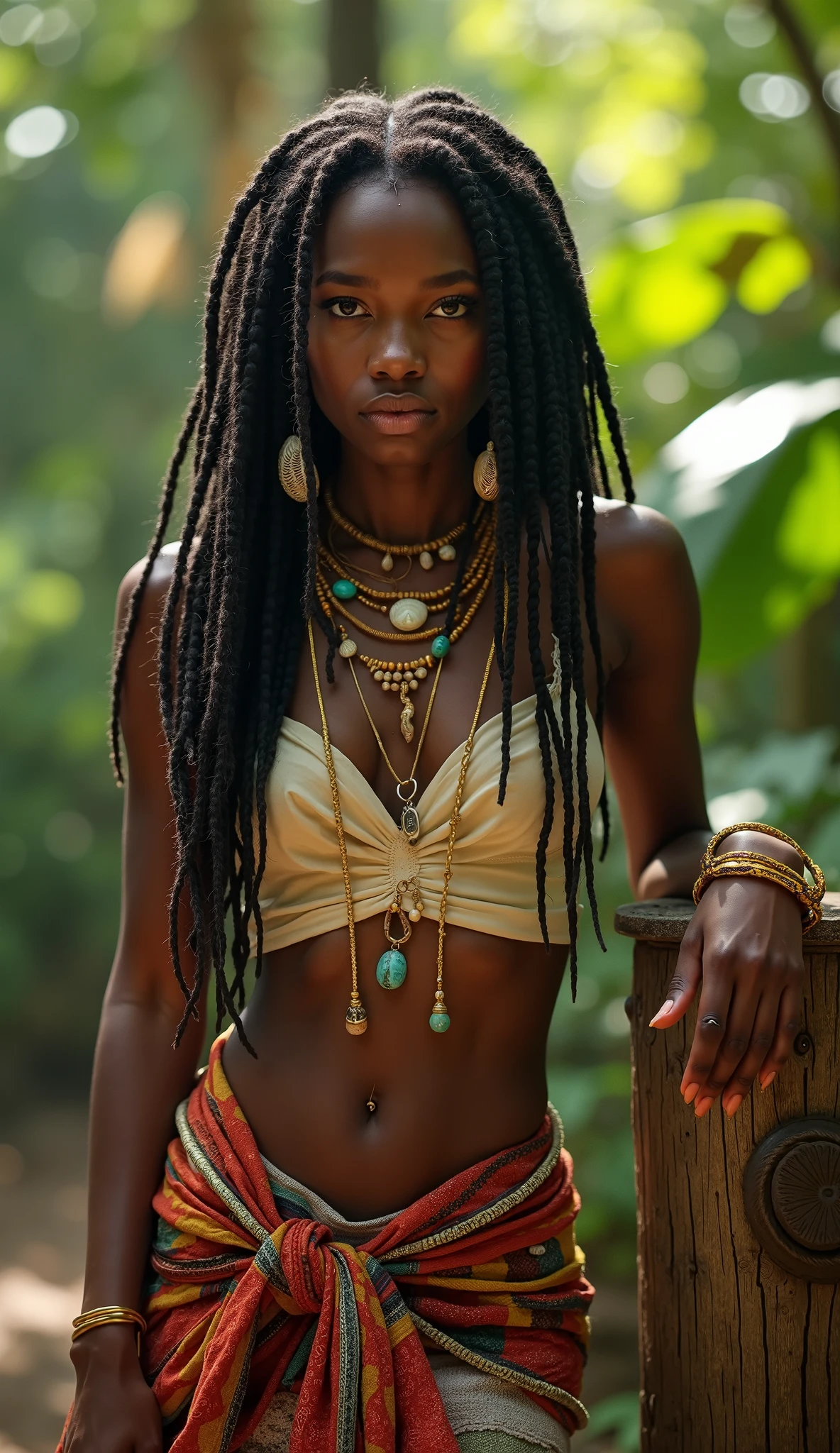 uma mulher com dreadlocks e uma vela em um quarto escuro, Papa Legba, Alquimista Steampunk Africano, gothic maiden shaman, Dreadlock cabelo preto, maga feminina de fantasia sombria, Retrato de uma bruxa escura, short dreadlocks with beads, dreadlocks longos, a young female shaman, cyberpunk irritado lindo druida, pele escura deusa feminina do amor, lama com dreadlocks