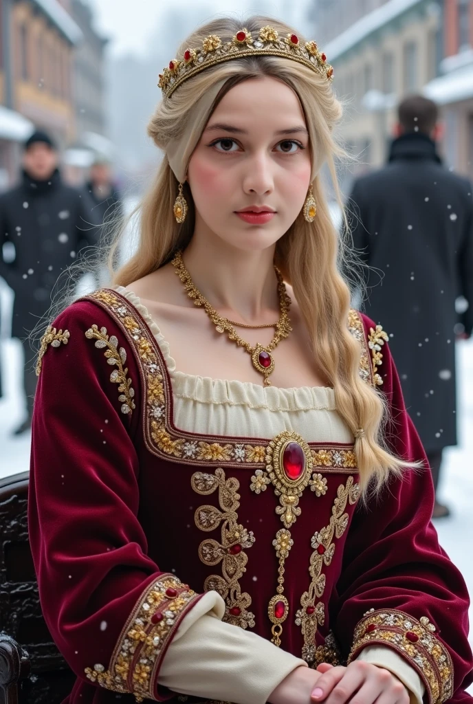 Женщина 15 y.o with gray hair, grey eyes, royalties, Red dress, Red decorations, red earrings, Lunar, nobility, noblewoman, High quality, very detailed, detailed face, masterpiece, Castle, To drink tea, USA, flowers, lights