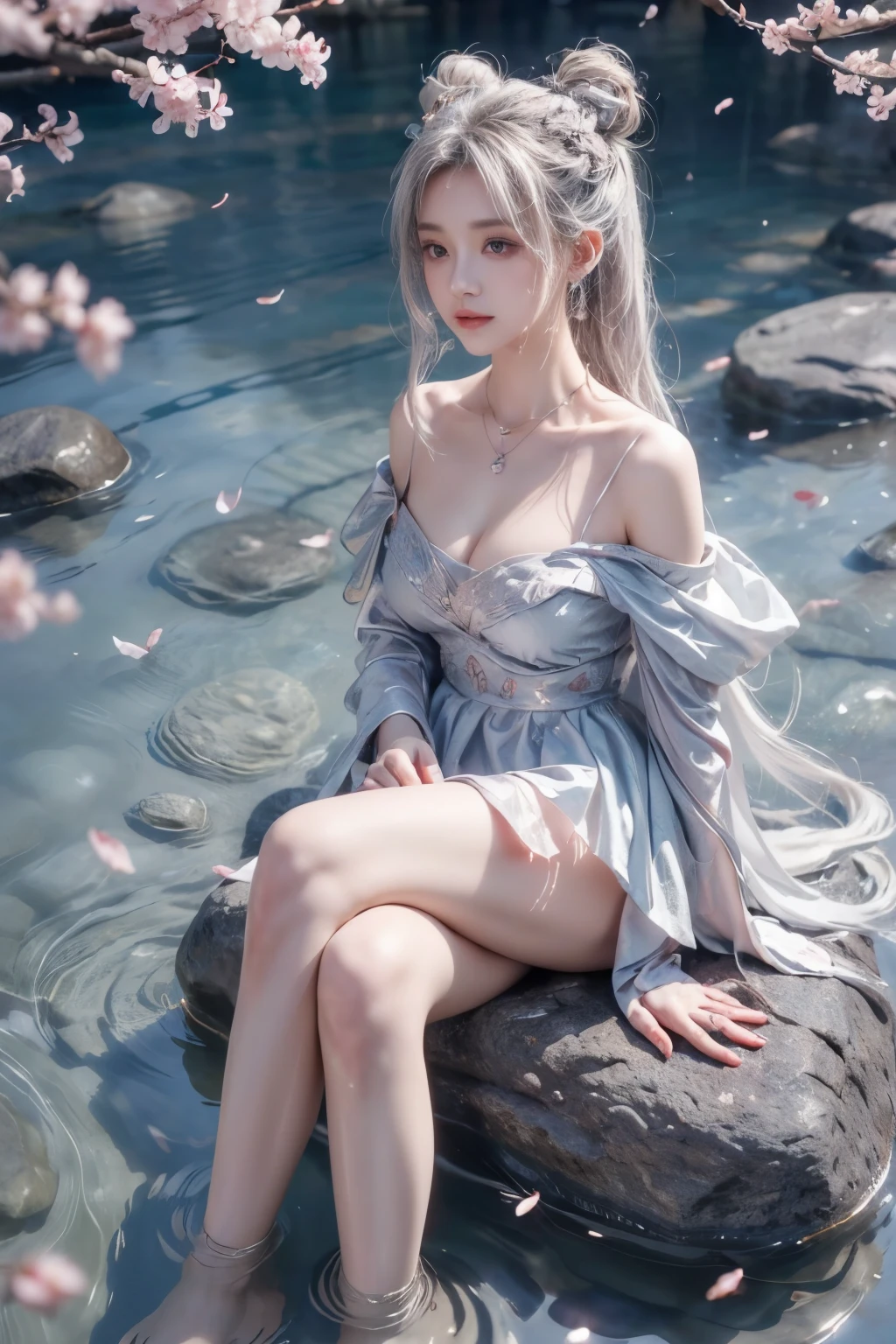 1girl,silver hair,off shoulder,red eyes,long hair,double bun,hair ornament,necklace, ((photorealistic)), ((masterpiece)), (ultra-detailed), (high quality), beautiful young woman, (Full breasts, visible cleavage), (Very short hemline, revealing smooth thighs), (Correct and beautiful leg shape), perfect facial features, flawless skin, flowing long hair, slim figure, (sitting on a large rock in a river:1.3), (feet dangling in clear flowing water:1.2), (one hand elegantly running through her hair:1.2), (scattered cherry blossom petals:1.3), (floating petals in the air:1.2), (petals on water surface:1.2), soft natural lighting, shallow depth of field, gentle water ripples, cinematic lighting, professional photography, 85mm lens, F2.8, bokeh