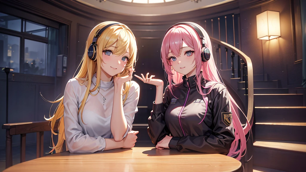 A 22-year-old woman with long blonde hair poses alongside a  with long dark blonde hair in a Miami arcade from the 80s, captured in synthwave style. Their extroverted smiles and radiant honey-colored eyes reflect youthful joy. The older girl's wavy hair cascades to her waist, shining under the neon lights, while both wear casual 80s fashion. Their bright eyes and parted lips showcase their beautiful smiles, embodying the innocence of their age, with glowing headphones that enhance their synthwave aesthetic.