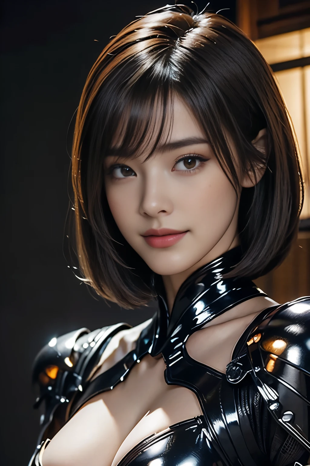 masterpiece、Highest quality、Highly detailed CG、Great details、High resolution、8K Wallpaper、All the intricacies、Super detailed、Super Shining、Oily luster、monster girl、Cockroach and woman fusion、Female cockroach forms、Cockroach woman、Fusion、Acting alone、gal、Perfect female ratio、Wicked Smile、cute、anime face、Antennae of cockroaches、特にOily luster、muscular、Cockroach and exoskeleton suit fusion、Mahogany colored dark skin、Short Hair、bionde、Purple streak hair、crustacean、arthropod、Enemy hideout style background、Background of the evil organization style