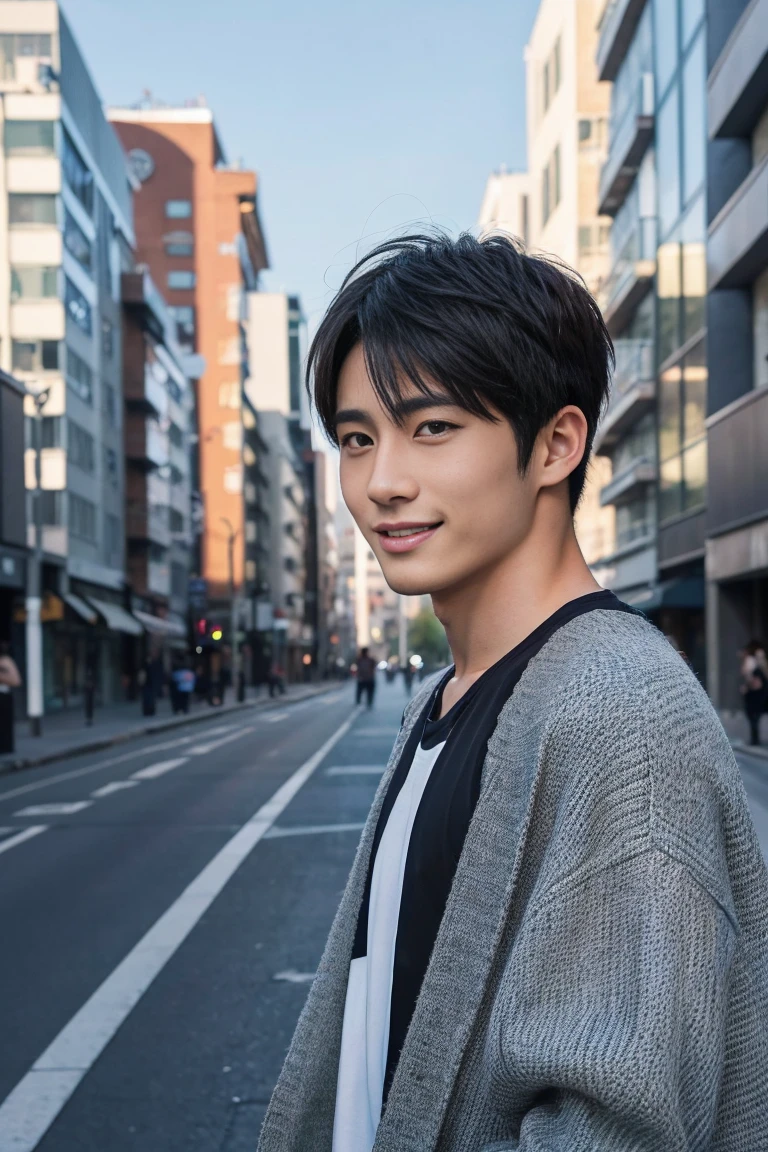 Pictures of the most attractive Japanese male soccer players. 25 years old. Face, masculine, cool, cute. He has an intense, fierce expression. He is smiling. Hair short, parted in the center, showing forehead. He wears casual, fashionable clothes. The background is a fashionable cityscape. 8K, HDR, High Definition, Color.