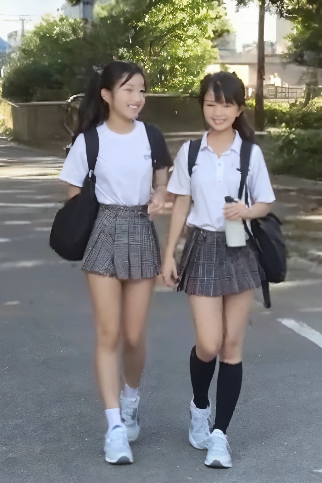 Two girls walking in the schoolyard,Speed-style dark red plain briefs,Topless,12 years old,bangs,Smile a little,Thighs,share,knees,Shortcuts,ponytail,