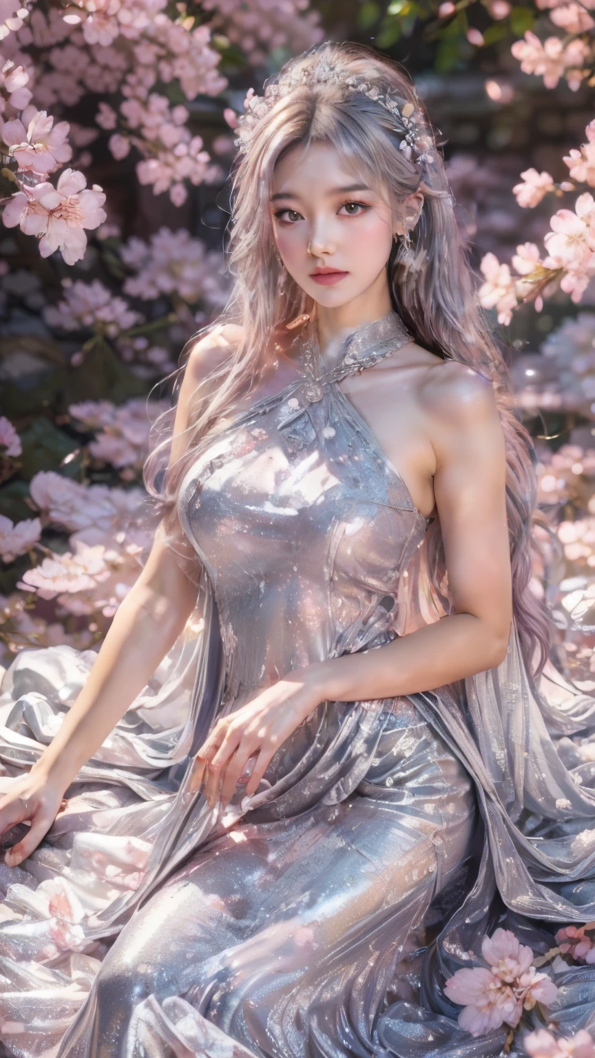 4K, Ultra HD, Masterpiece, 1 girl, (good face:1.4), detailed eyes, very long hair, princess dress, (silver dress:1.5), ((navel)), (wearing jwellery:1.5), (cherry blossom:1.5), (bloom effect:1.5), Detailed Fantasy Art, Stunning Character Art, beautiful Exquisite Character Art, Beautiful, Extremely Detailed, Exquisite Intricate Headdress and Jewellery, perfect body, looking directly at the audience,