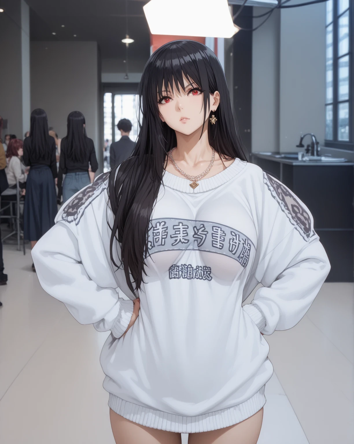 Source anime, Tall girl,score_9, score_8_up, score_7_up, score_6_up, uncensored, claire kagenou, long hair, black hair, red eyes, huge breast,thighs, 1girl, long_hair, black_hair, hands_on_hips, photo_background, solo, necklace, jewelry, black_eyes, sweater, baggy_clothes, looking_to_the_side, shirt, cowboy_shot, long_sleeves, standing, white_sweater, bangs