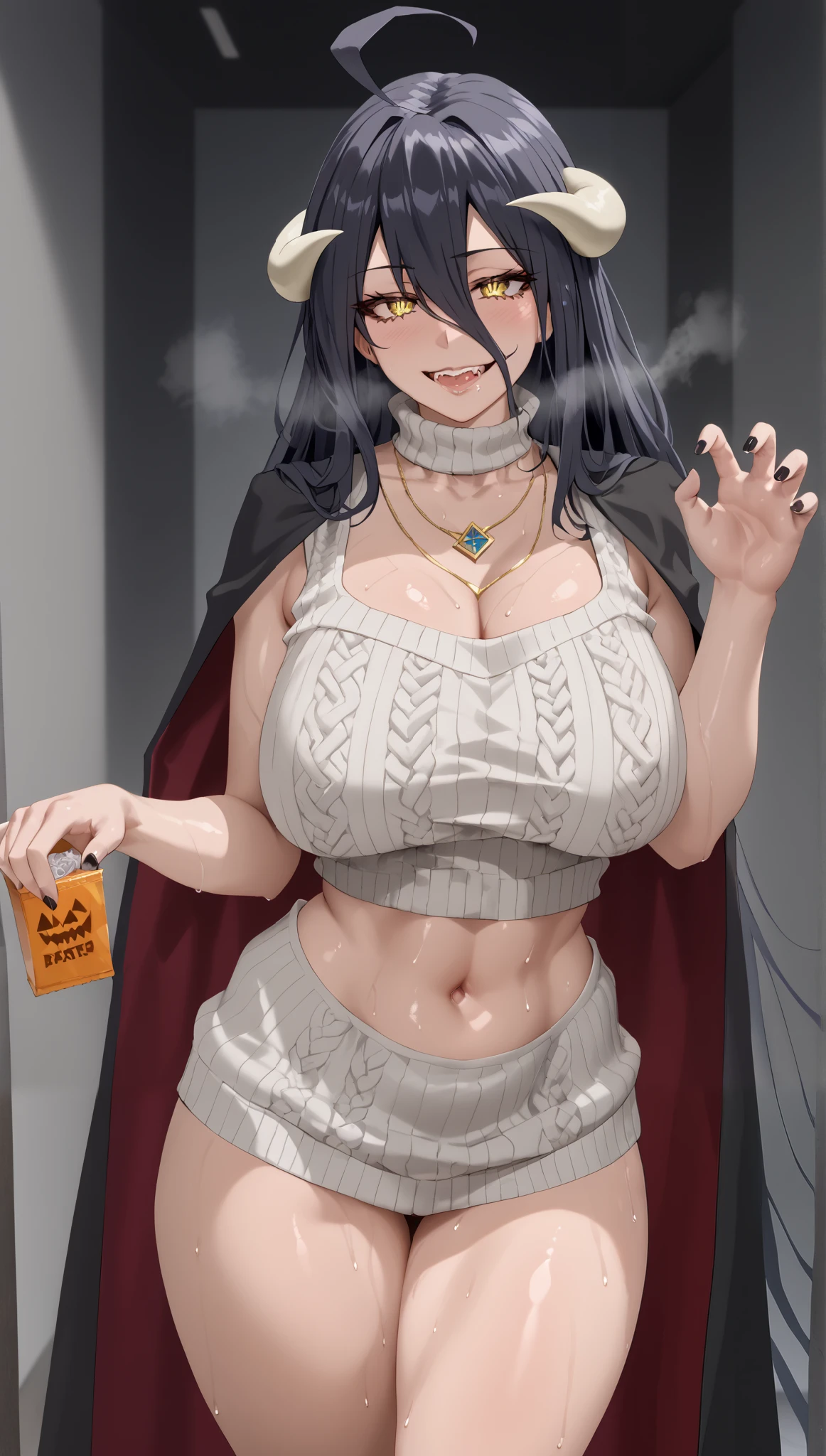 A dark-skinned woman with silver hair and a large penis growing out of her vagina, wearing a black dress shirt and slim jeans, is making naan curry。. Showing your belly button