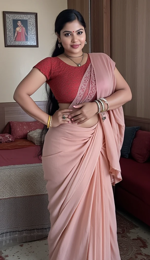 Attractive dressing Beautiful curl hairs,perfect facial pink eye makeup features of well dressed Women in bedroom empty hand's ,looks like gorgeous wife giving a eligent pose wearing princess saree with cotton pink blouse dress,soft saree, ((with big body curves, attractive queen diamond crown full dressed princess saree with big size pink blouse saree clothing,bouncy breasts:2.4 thin waist,big wide hips ,cuverd hips+thighs but gigantic thighs)) wearing thick long scarf with princess sexy attractive long hair clothes full body clothing pink saree with pink blouse clothes flowen long  dupatta as scarf 