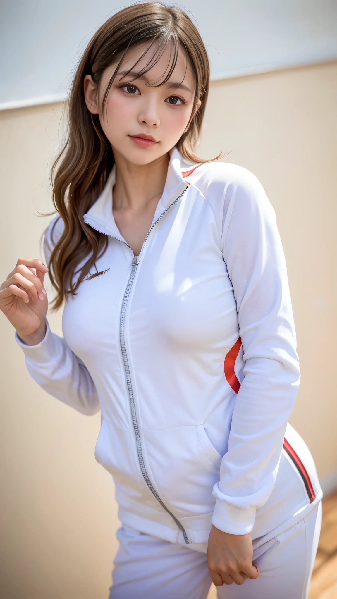  best quality ,masterpiece, super high definition, high-definition RAW color photos , professional photography, natural skin texture , fine skin, hyperrealism ,big breasts,(dark blond curly hair),((white track suit, tight fit )),(white minimal background),slim body, Shrimp,勃起乳首