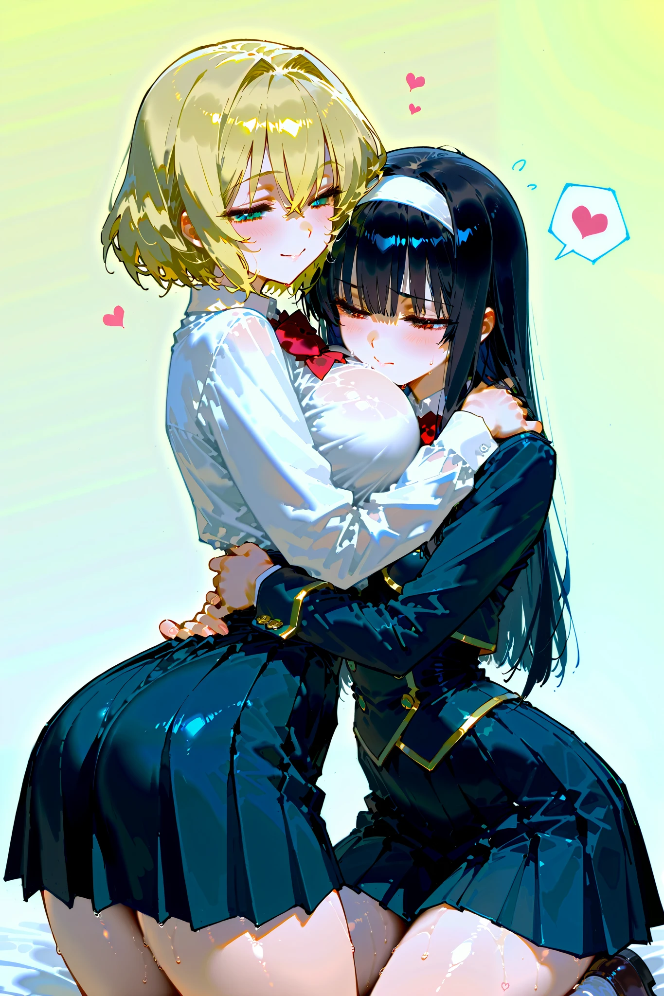 two girls,hug,anime,Black,Pure White,best quality,highly detailed,insanely detailed,smiling sweetly