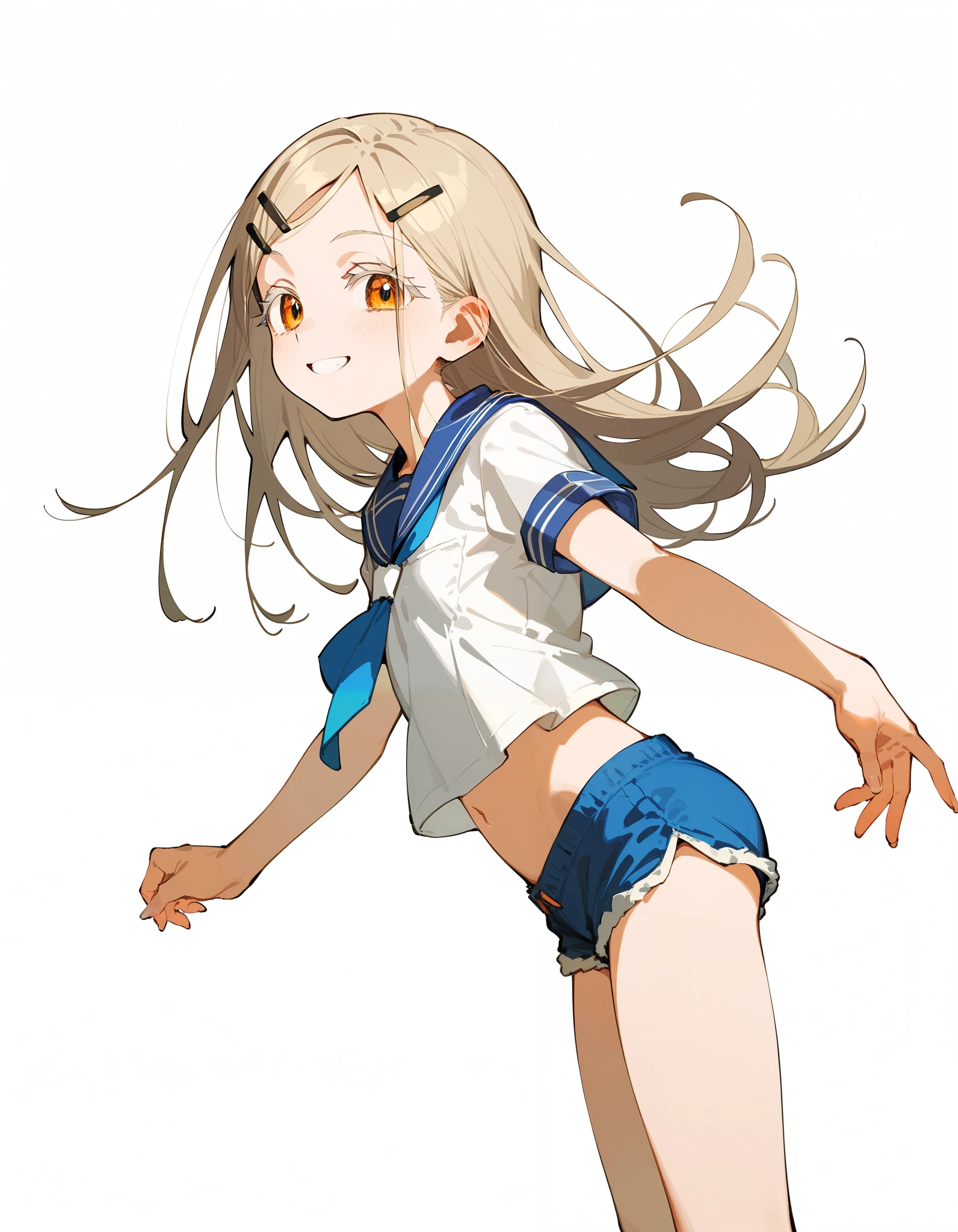 best quality , Masterpiece, No fixes, Bear 1 Trouble Girl,Shinosawa Hiro ,thin, Orange Eyes, white lashes, blondes, long hair, hair clips,クロス hair clips, flat chest, white background , miniskirt,smile, blue sailor color, blue tie, hotpants,from side,