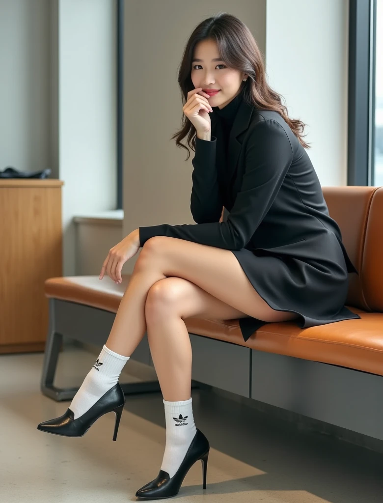 A Japanese Lady、beauitful face、Brown hair long hair、Black sunglasses、White hoodie、Black miniskirt、tall、sit a chair、Cross-legged pose、Leg braids、、beauty legs、Raw feet、landing、Arm Crossing Pose、His arms folded、Black pin heels、landing、Oyuki、snow blowing、snow cover