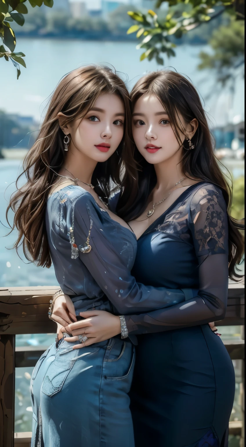 8K, masterpiece, 2 women、hug each other、beautiful face, very long hair, light makeup, fine eyes, thick lips、big bust, big hips fine underwear (Wearing jewelry:1.8), ((1 in the street.4)),