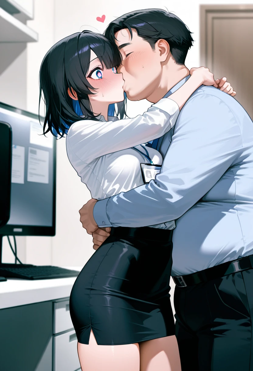 masterpiece, best quality, 1girl,1boy,blue hair, short hair, blush, sweat, office,futanari,sex,male on futa,kissing,french kiss,true love