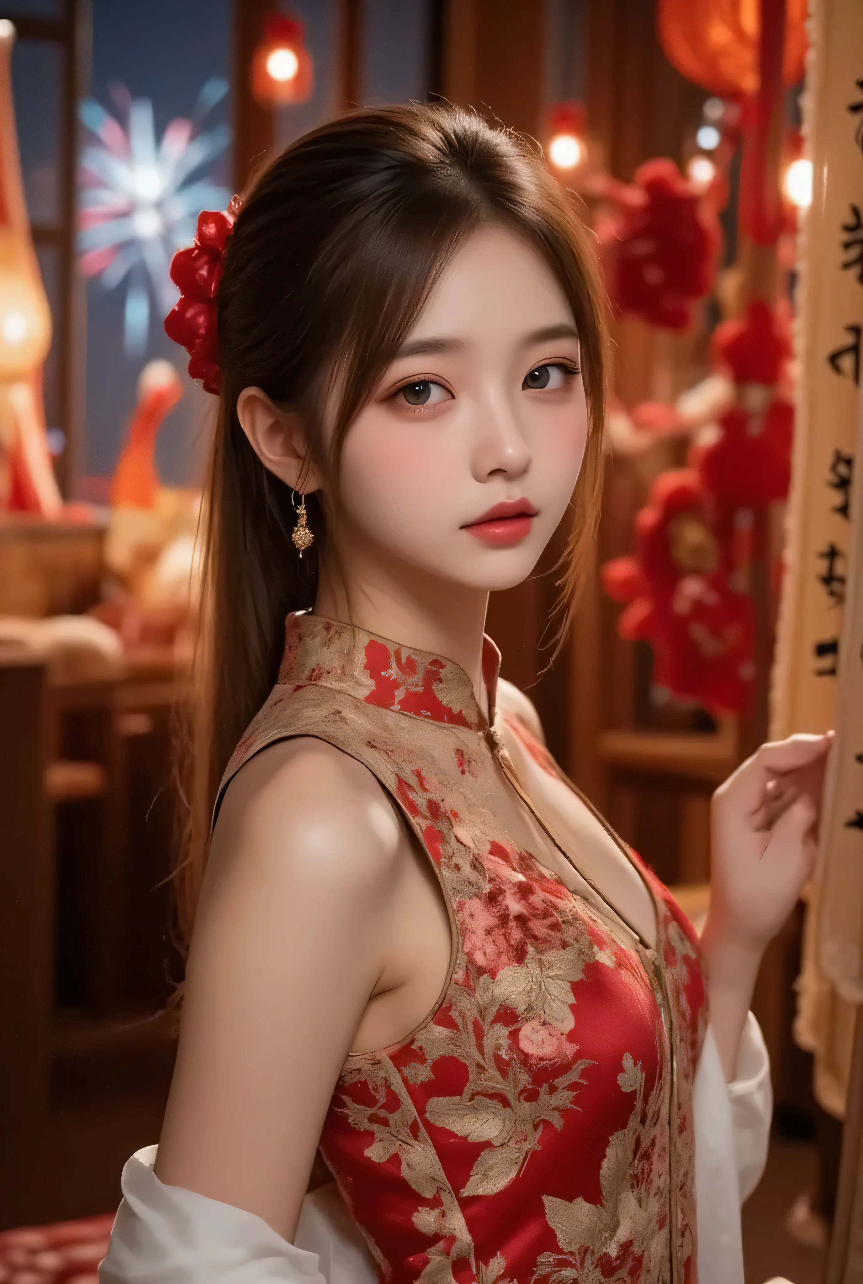 Cat ears、 face up、attractive, pretty girl, ponytail、 (( fine facial features , eroticism)), dramatic lighting , realistic , 8k, Dramatic Shadows , intricate and elaborate patterns , super detailed photo , chiaroscuro lighting , Pleasant colors , deep contrast , super real 、few pretty chinese girl hair accessories, pink lipstick、 warm room、Vintage Fireplace 、 cinematic composition、Close-up of face, A beautiful Korean idol wearing a red-black-gold some part black-transparance sexy short cheongsam with golden or silver intricate floral embroidery, standing gracefully in a room filled with traditional Chinese New Year decorations. The room features vibrant red lanterns, decorative calligraphy scrolls, a small Chinese orange tree with golden ornaments, and several red envelopes scattered across the floor and hanging from the tree. Adorable, playful cats are part of the scene—some sitting near the tree, others curiously pawing at the red envelopes or lounging around. Through a window or an open door in the background, vibrant Chinese fireworks light up the night sky in an array of reds, golds, and blues, casting a magical glow into the room. The idol’s outfit is paired with subtle accessories like red hairpins or earrings, complementing the festive look. The atmosphere is warm and lively, filled with the joyful essence of the celebration, enhanced by the shimmering lights of the fireworks and the lively decor.