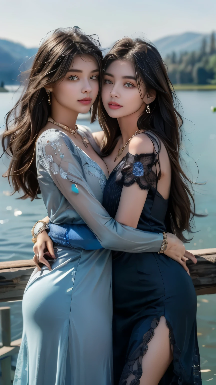 8K, masterpiece, 2 women, hugging each other、beautiful face, very long hair, light makeup, fine eyes, detailed lips, Large bust, fine dress, blue clothes, (Wearing jewelry:1.8), (Blue lace:1.4), ((lake:1.4)),