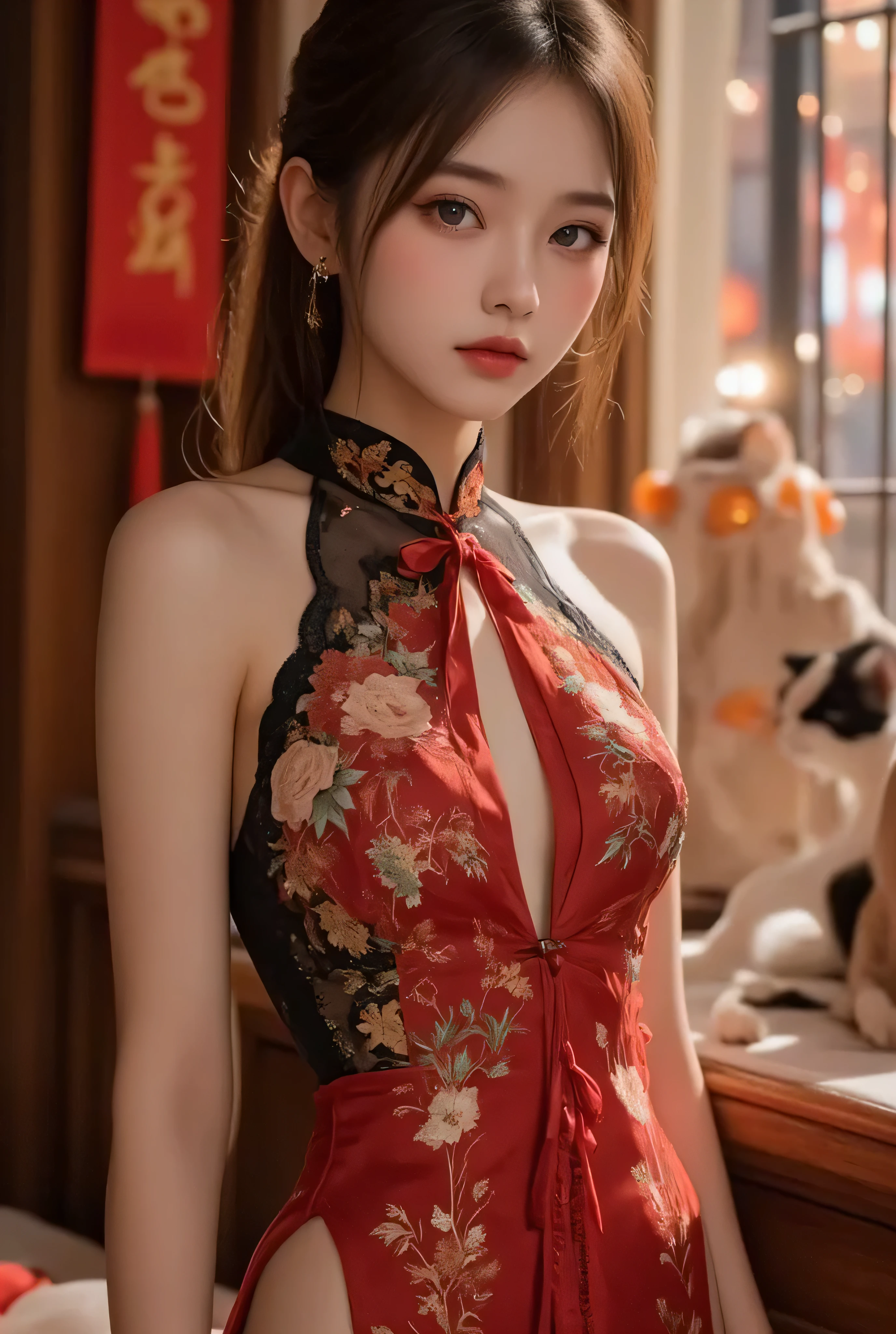 Cat ears、 face up、attractive,   pretty girl, ponytail、  ((   fine facial features  , eroticism)),   dramatic lighting    ,  realistic , 8k,     Dramatic Shadows  ,    intricate and elaborate patterns     ,      super detailed photo      ,     chiaroscuro lighting   ,     Pleasant colors   ,     deep contrast   ,    super real 、few pretty chinese girl hair accessories,   pink lipstick、 warm room、Vintage Fireplace 、 cinematic composition、Close-up of face,  A beautiful Korean idol wearing a red-black-gold some part black-transparance sexy short  cheongsam with golden or silver intricate floral embroidery, standing gracefully in a room filled with traditional Chinese New Year decorations. The room features vibrant red lanterns, decorative calligraphy scrolls, a small Chinese orange tree with golden ornaments, and several red envelopes scattered across the floor and hanging from the tree. Adorable, playful cats are part of the scene—some sitting near the tree, others curiously pawing at the red envelopes or lounging around. Through a window or an open door in the background, vibrant Chinese fireworks light up the night sky in an array of reds, golds, and blues, casting a magical glow into the room. The idol’s outfit is paired with subtle accessories like red hairpins or earrings, complementing the festive look. The atmosphere is warm and lively, filled with the joyful essence of the celebration, enhanced by the shimmering lights of the fireworks and the lively decor.