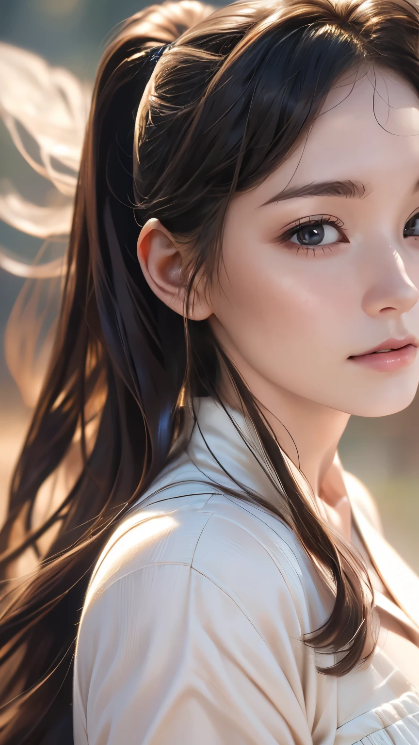 ( random sexy pose ),Extreme close-up, 1 girl,(Ultra Detailed Skin ), curvy,, beautiful breasts ,( big breasts), blue-white skin, pointy breasts ,勃起乳首,( fantasy art , best image quality, hyperrealistic portrait,(8k), super real,最 High Quality , High Quality , high definition , High Quality texture, high detail, Beautiful Details , Fine Details ,Highly detailed CG,Detailed texture,Realistic facial expression,Masterpiece,Presence,dynamic,), ponytail,(Ultra-fine hair),( very soft hair),(超ストレートhair:1.5),I have long, fluttering bangs , features coppery amber-colored hair, hair,Dressed