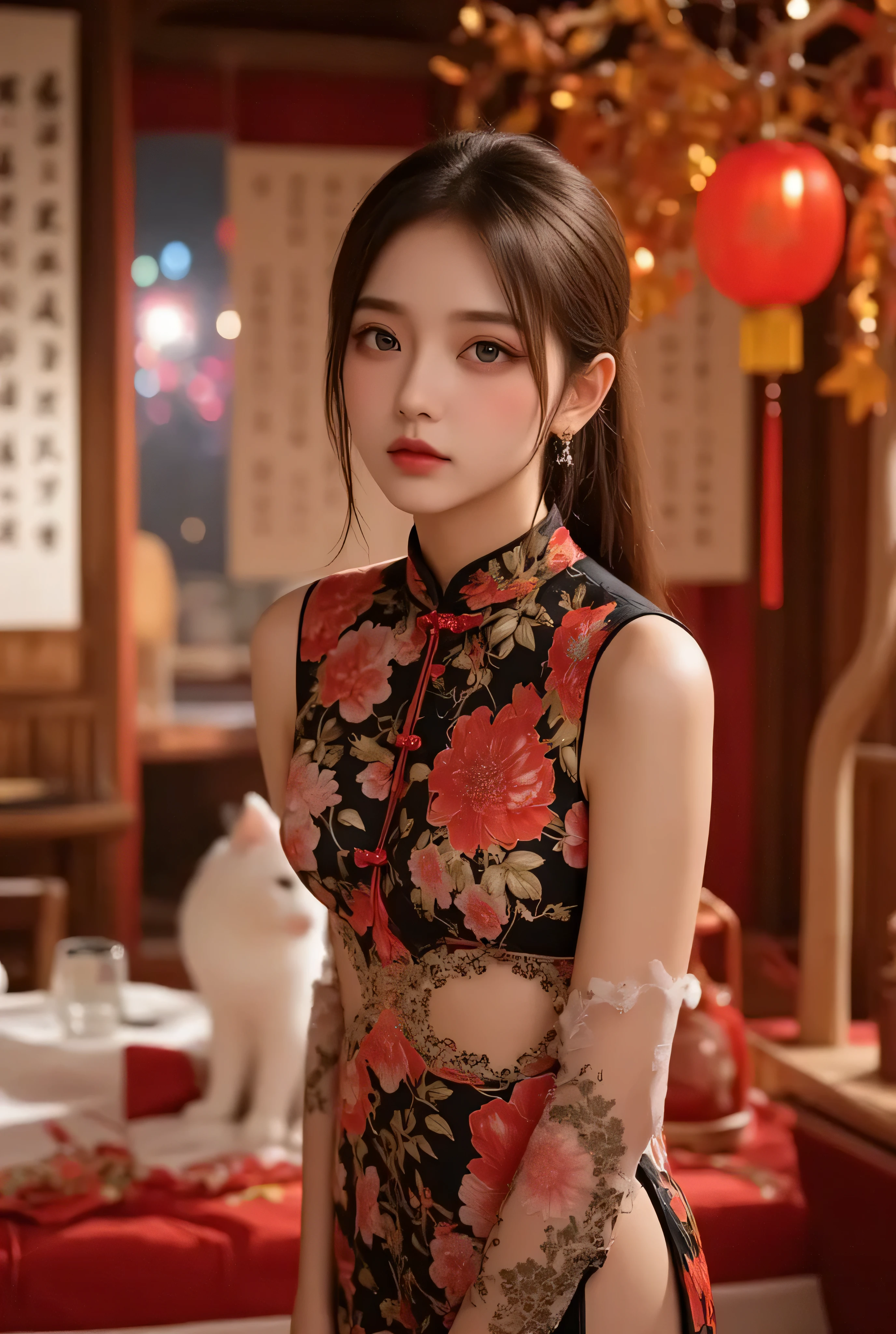 Cat ears、 face up、attractive, pretty girl, ponytail、 (( fine facial features , eroticism)), dramatic lighting , realistic , 8k, Dramatic Shadows , intricate and elaborate patterns , super detailed photo , chiaroscuro lighting , Pleasant colors , deep contrast , super real 、few pretty chinese girl hair accessories, pink lipstick、 warm room、Vintage Fireplace 、 cinematic composition、Close-up of face, A beautiful Korean idol wearing a red-black-gold some part black-transparance sexy short cheongsam with golden or silver intricate floral embroidery, standing gracefully in a room filled with traditional Chinese New Year decorations. The room features vibrant red lanterns, decorative calligraphy scrolls, a small Chinese orange tree with golden ornaments, and several red envelopes scattered across the floor and hanging from the tree. Adorable, playful cats are part of the scene—some sitting near the tree, others curiously pawing at the red envelopes or lounging around. Through a window or an open door in the background, vibrant Chinese fireworks light up the night sky in an array of reds, golds, and blues, casting a magical glow into the room. The idol’s outfit is paired with subtle accessories like red hairpins or earrings, complementing the festive look. The atmosphere is warm and lively, filled with the joyful essence of the celebration, enhanced by the shimmering lights of the fireworks and the lively decor.