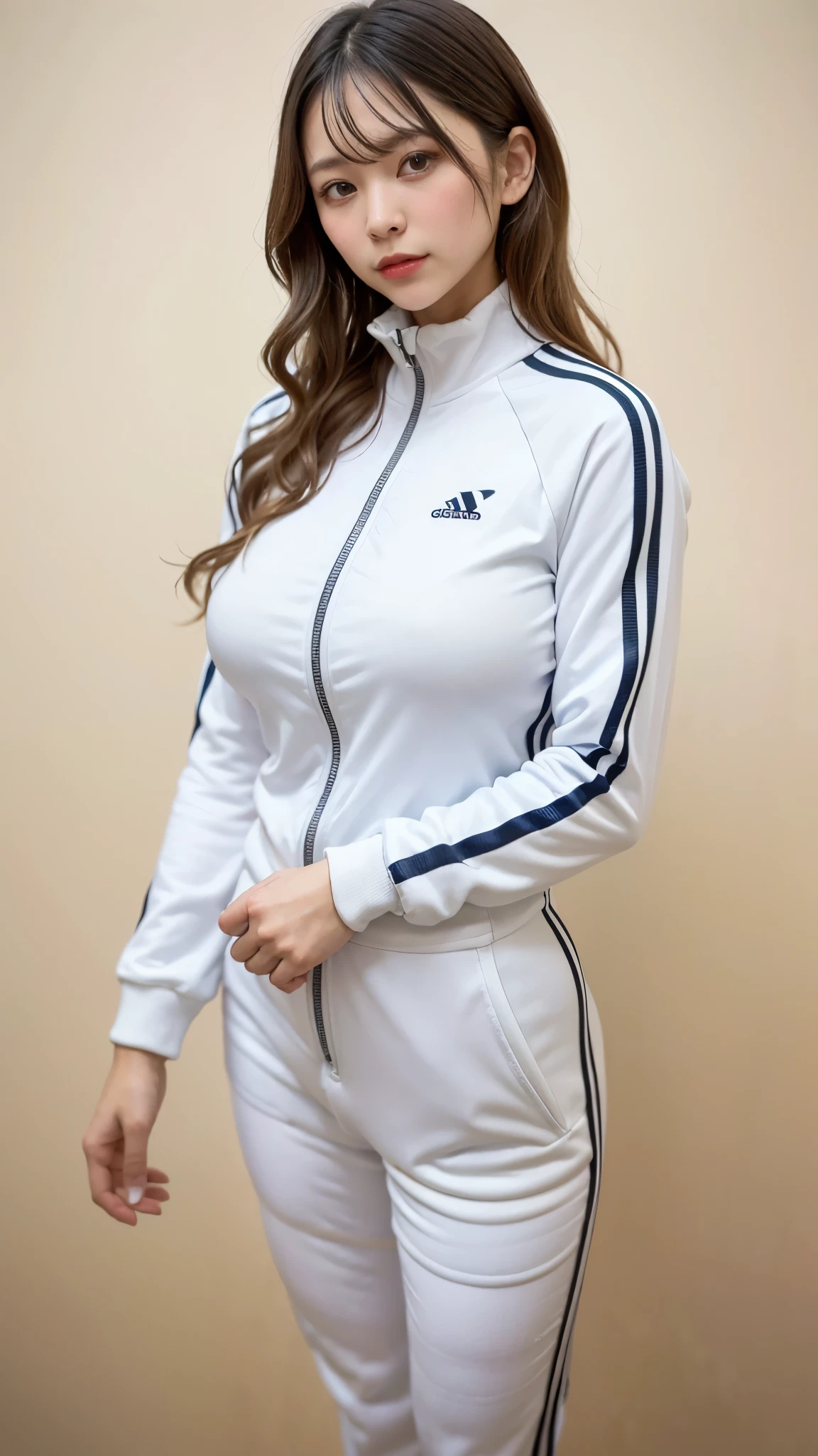 best quality ,masterpiece, super high definition,High-definition RAW color photo, bathed in gentle sunlight, professional photography, natural skin texture , fine skin, hyperrealism ,big breasts,(dark blond curly hair),((white track suit, tight fit )),(white minimal background),slim body, Shrimp, sneakers