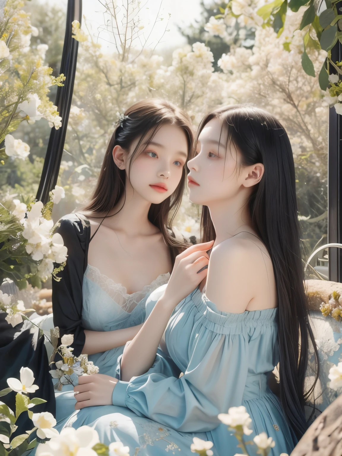 nostalgic aesthetically,1girl,black dress,melancholic,melancholy,lying,coffin,in_coffin,melancholy,nostalgic,solitude,elegance and sophistication,Soft and warm lighting,vintage elements,blue flower, Ethereal and muted color palette with a focus on black and gold, detailed textures,evocative composition,flower field,JnTrp