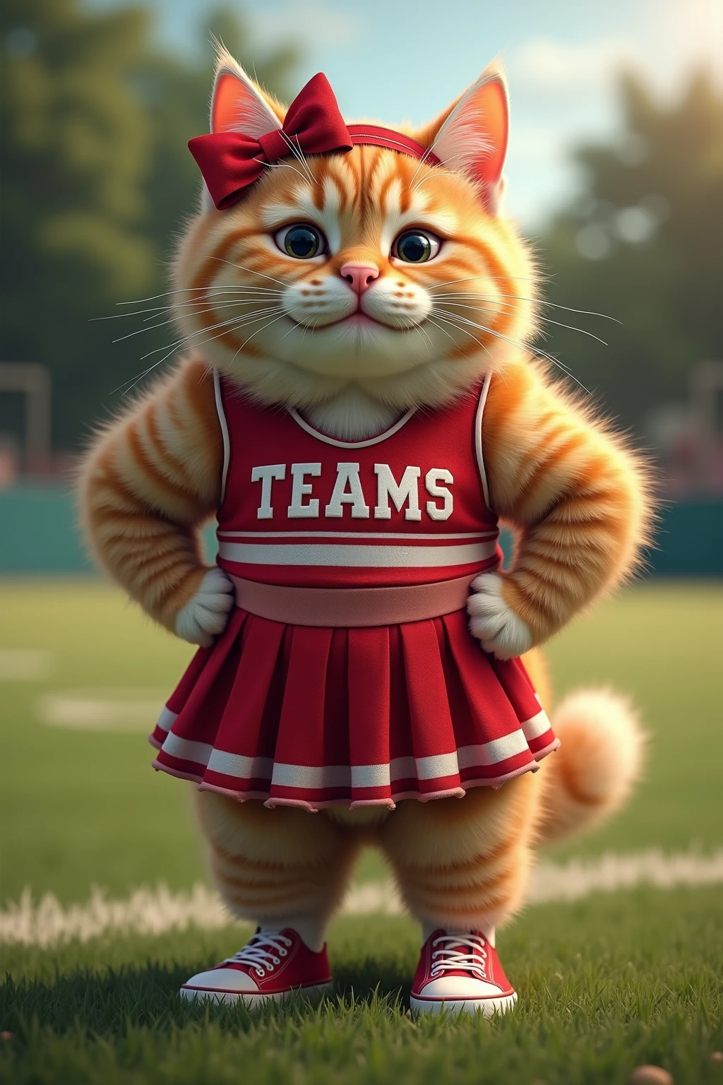 photorealistic portrait of cute cheerleader and ((fat cat)),(action pose:1.5),(jumping:1.2),(happy smile),(furry), high quality,(lovely) ,intricate detailed decorations, highly detailed (cheerleader wear), skirt knee-high socks and sneakers, holding pom-poms, blue sky and white clouds background , (happy), perfect lighting,(full body image:2.0)