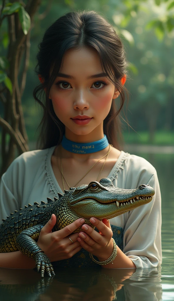  a beautiful Malay woman is showing a small crocodile held in hand,  This crocodile looks calm and has detailed scales and eyes .  woman holding this crocodile wears blue bracelet with inscription (((Aminah HS )))"and some yarn bracelets .  The background of this picture is forest but shows a green natural environment ,  probably near a body of water because there is a reflection of a tree on the surface of the water .