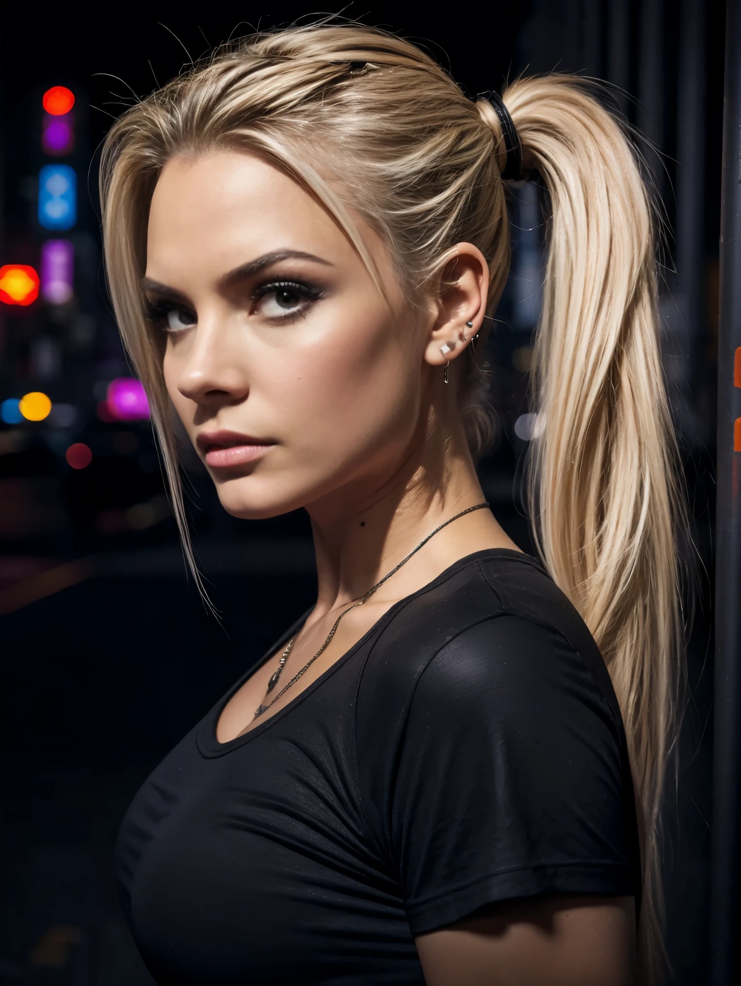 Extremely busty thin and blonde death metal girl, strung out, sleepy, stoned, fair skin, big hair, huge ponytail, hair pulled back, soft face, athletic, heavy makeup, grey t-shirt, grey tee shirt, studs, black pants, boots, fingerless gloves. standing in a dark alley at night. Outdoors, exterior, Nighttime. neon lights. (detailed background.) Grim. sly, bitter, evil, mean, angry.