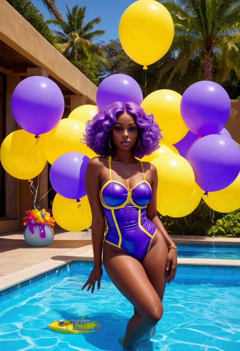 She wears a crown on her head, now she is in a pool with her friends, taking a bath at a party, in the background there is a mansion . (Black-skinned woman Beautiful brunette with a perfect body, beautiful, big, perfect breasts, wide, thin thighs, perfect, everything perfect,) ((Art Style Full Length View, full-featured))characteristics (Purple and black straight hair style, wavy, prisoner, Loose) ( Clothing Style ) ( glasses Tattoo style Full Body) .8K uhd, high qualiy, volumetric light, photoshot, high resolution, 4K, 8K