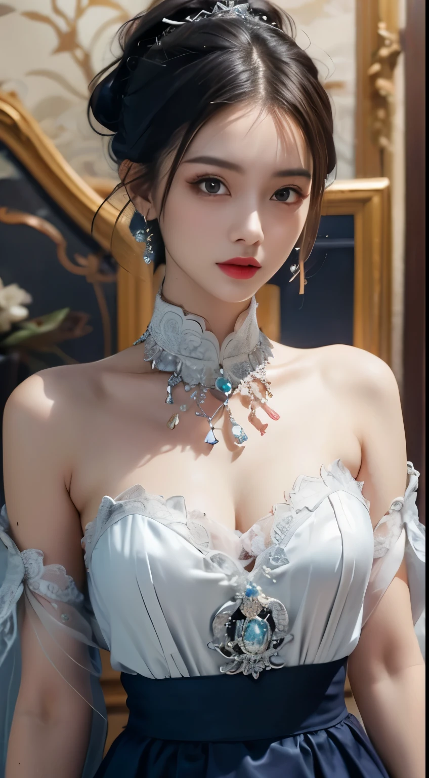 (Masterpiece:1.2), (illustration:1.2), (ultra-detailed), (delicate detailed), (cinematic light), 1girl, perfect body, big breasts, princess, see-through clothes, smile, shy, makeup, high contrast, best illumination, colorful