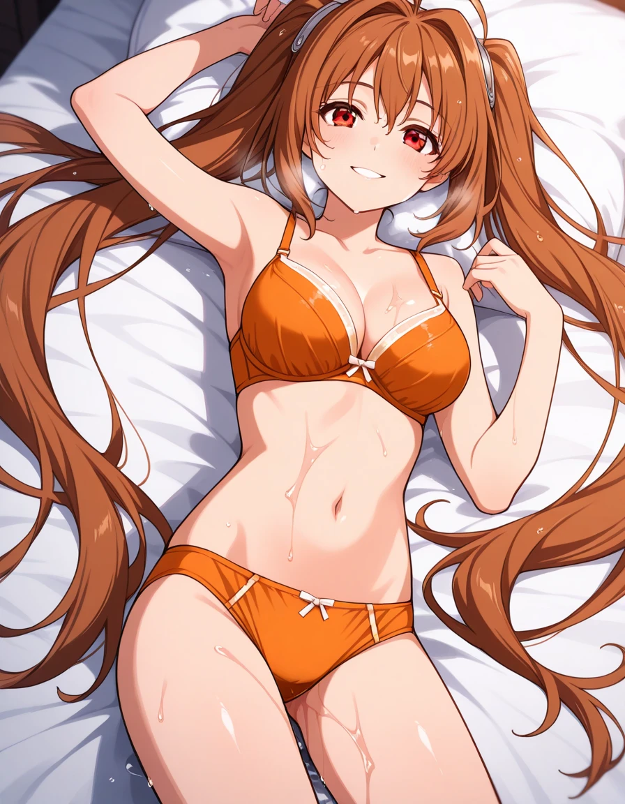 (masterpiece),(Highest quality:1.0), (Ultra-high resolution:1.0), Detailed illustrations, 8K, Pretty face, 全naked、naked、Big Breasts、night、 underwear, Yellow underwear, whole body、bed、Animal ears, earrings, Horse tail、Cowboy Shot, Are sleeping, Lying on your back、indoor, Alluring expression、smile, Open your mouth