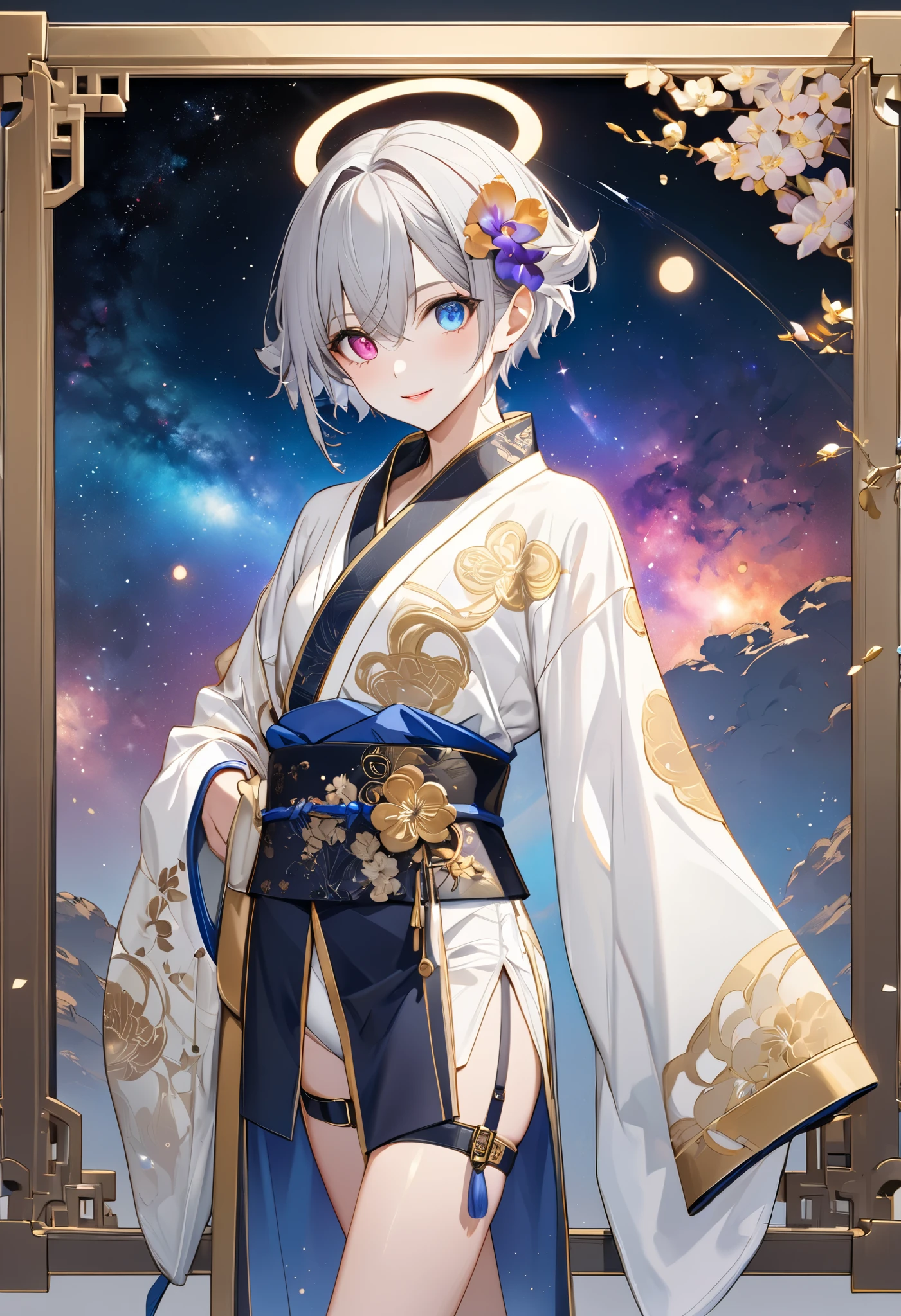 fresh illustration ,
Superfine painting,
very delicate illustration ,
Very fine details ,
1boy ,
( standing)
Alone,
Height: 158cm,
white skin,
Cheeks are ruddy,
(The iris of the left eye is light sky blue and the iris of the right eye is magenta ),
(Complete iris heterochromia ),
beautiful eyes,
large black pupils ,
short hair while on a business trip,
(Gray Hair),
only the base of the hair is light blue ,
The hair has gradation ,
shiny hair with makeup,
Young, beautiful, beautiful face ,
The lips are extremely small,
is smiling,
A small halo that shines brightly floats on the head ,
raised eyebrows ,
The upper body is wearing a kimono in kimono ,
six pack,
The lower body is long, transparent clothing in the style of a Chinese dress with slits at both hips,
The color of the belt is black ,
Overall white clothes ,
The belt has tasteful embroidery with gold thread ,
fine fabric clothing ,
Slim waist,
Thin legs,
jockstrap underwear ,
the thigh strap cuts into the skin ,
The tips of the white long boots are Japanese style ,
Isometric,
golden ratio,
god々 like atmosphere,
The undershirt is indigo-colored with a stand-up collar,
outer space ,
Milky Way,
Little Star々 upper body ,
tactical use of shadows ,
Head rings and hair fit in a frame ,
Clothes fit in a frame ,
is facing the front,