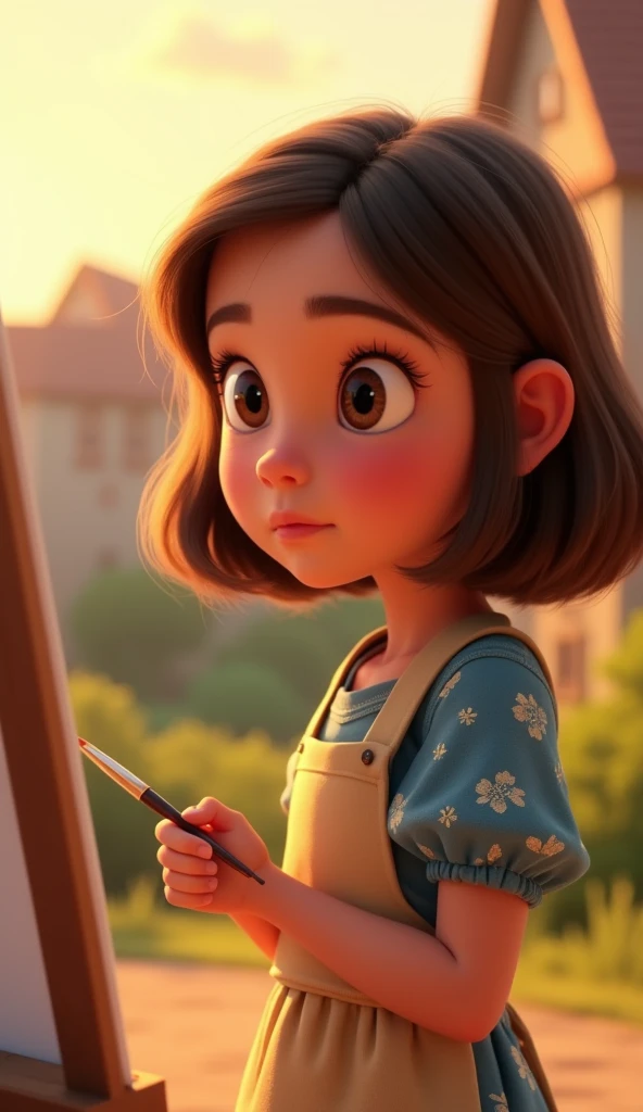 Create a Disney Pixar style close-up shot of a young girl, Lila, with shoulder-length brown hair, wearing a faded blue dress with a floral pattern and a light tan apron. She is holding a paintbrush in one hand and gazing at a blank canvas with a thoughtful expression. The point of view is at her eye level, and the lighting should be soft and warm, highlighting her face. The mood of the scene is introspective. Ensure the background shows a warm, glowing village landscape behind her.