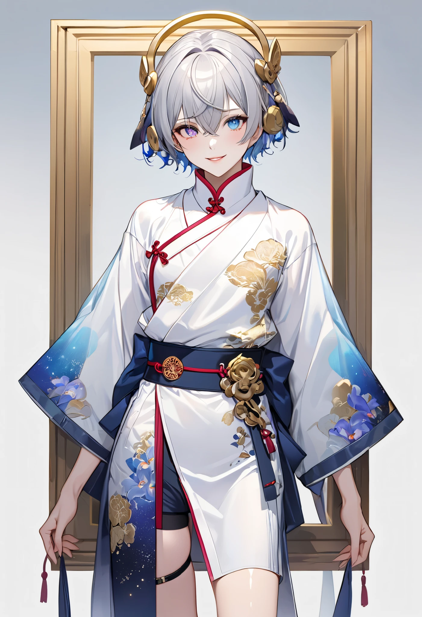 fresh illustration ,
Superfine painting,
very delicate illustration ,
Very fine details ,
1boy ,
( standing)
Alone,
Height: 158cm,
white skin,
Cheeks are ruddy,
(The iris of the left eye is light sky blue and the iris of the right eye is magenta ),
(Complete iris heterochromia ),
beautiful eyes,
large black pupils ,
short hair while on a business trip,
(Gray Hair),
only the base of the hair is light blue ,
The hair has gradation ,
shiny hair with makeup,
Young, beautiful, beautiful face ,
The lips are extremely small,
is smiling,
A small halo that shines brightly floats on the head ,
raised eyebrows ,
The upper body is wearing a kimono in kimono ,
six pack,
The lower body is long, transparent clothing in the style of a Chinese dress with slits at both hips,
The color of the belt is black ,
Overall white clothes ,
The belt has tasteful embroidery with gold thread ,
fine fabric clothing ,
Slim waist,
Thin legs,
jockstrap underwear ,
the thigh strap cuts into the skin ,
The tips of the white long boots are Japanese style ,
Isometric,
golden ratio,
god々 like atmosphere,
The undershirt is indigo-colored with a stand-up collar,
outer space ,
Milky Way,
Little Star々 upper body ,
tactical use of shadows ,
Head rings and hair fit in a frame ,
Clothes fit in a frame ,
is facing the front,