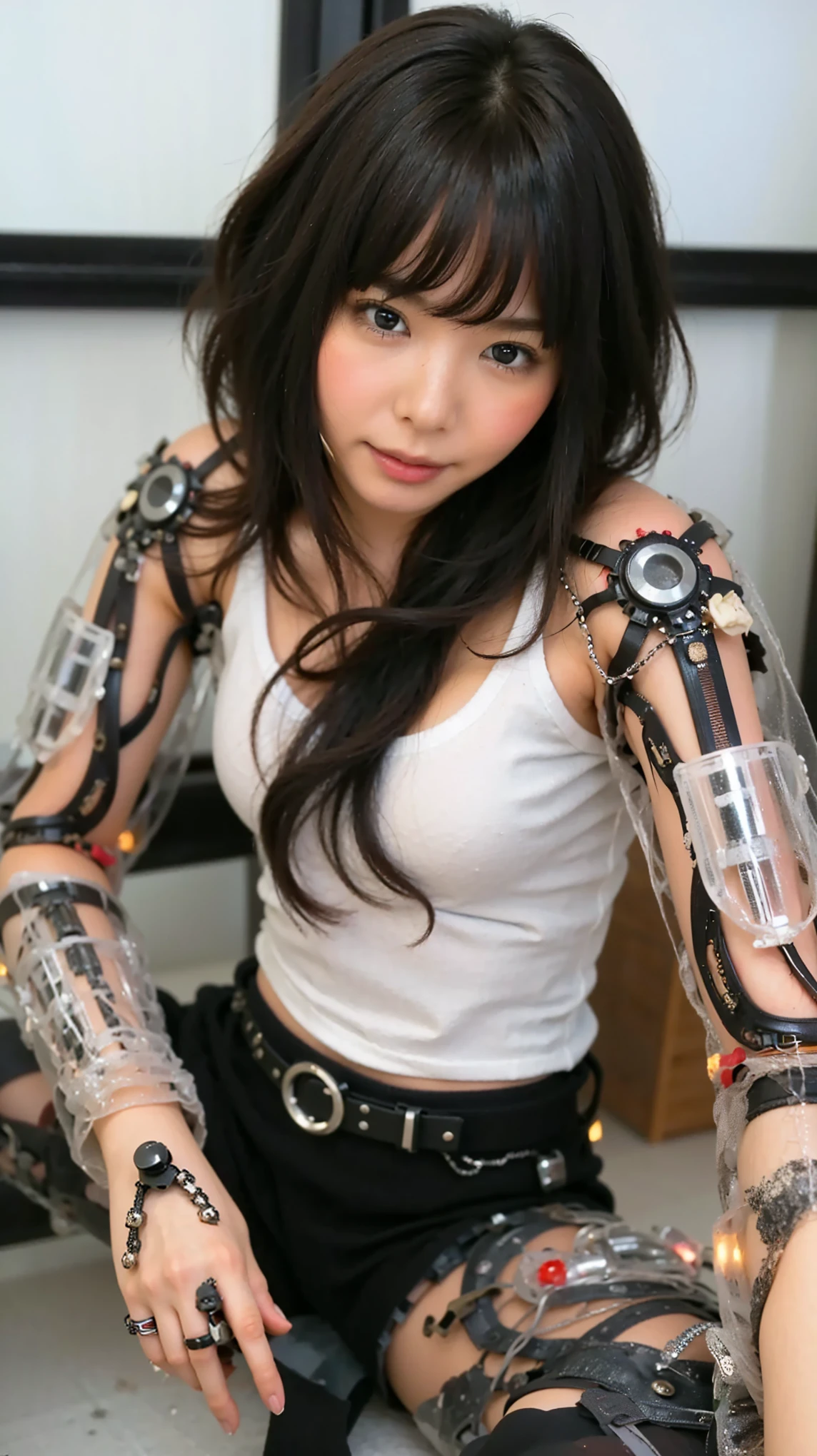 (Completely live action:1.37), (Amazingly realistic textures:1.37), (masterpiece, best quality:1.2), (8k uhd, 16k, 32k, ultra high res), amazingly realistic skin, amazingly realistic photo, superrealism, (photorealistic:1.37), (RAW photo), ultimately realistic, (ultimately realistic all details), (ultimately realistic all textures), super realistic lighting, super realistic shadow, (japanese girl:1.5), (realistic idol face), smiling, happy, super realistic face, ultimately realistic skin, ultimately realistic eyes, (mascara:1.35)ultimately realistic background, ultimately realistic detail up, (kkw-ph1:1.25), (GotouMaki:1.25), (Canon EOS R6, 85mm, 1/200s, f/5.6, ISO 1600), (tattoo), (mechanical armor:1.37), (blue eyes:1.2), (silver hair:1.3),