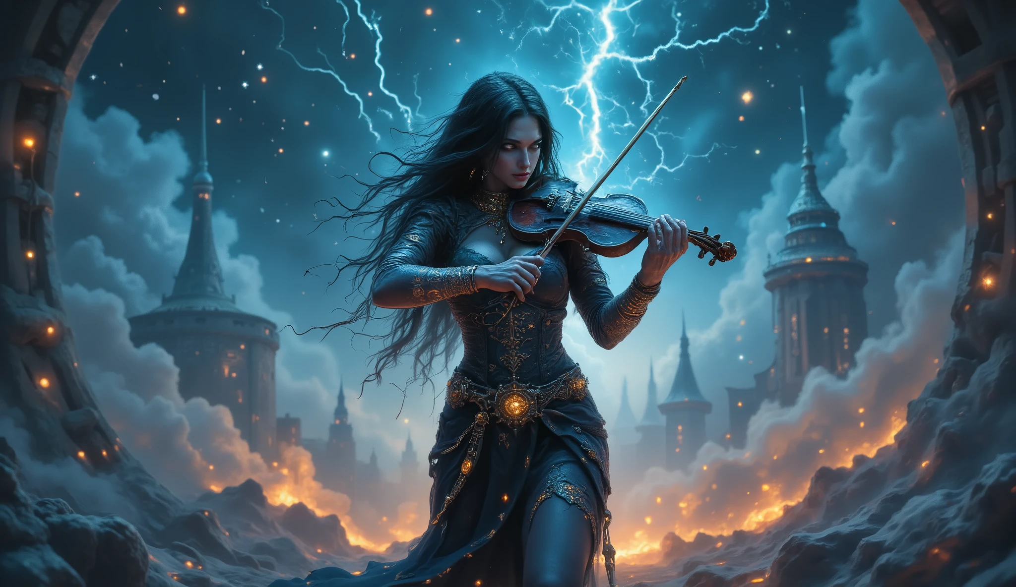 AURORA GALAXY, LONG DISTANCE SHOOTING, FULL BODY STAND, BEAUTIFUL STYLISH FEMALE DEMON WHILE PLAYING THE VIOLIN, AURORA LIGHTING, VERY DETAILED AND REALISTIC