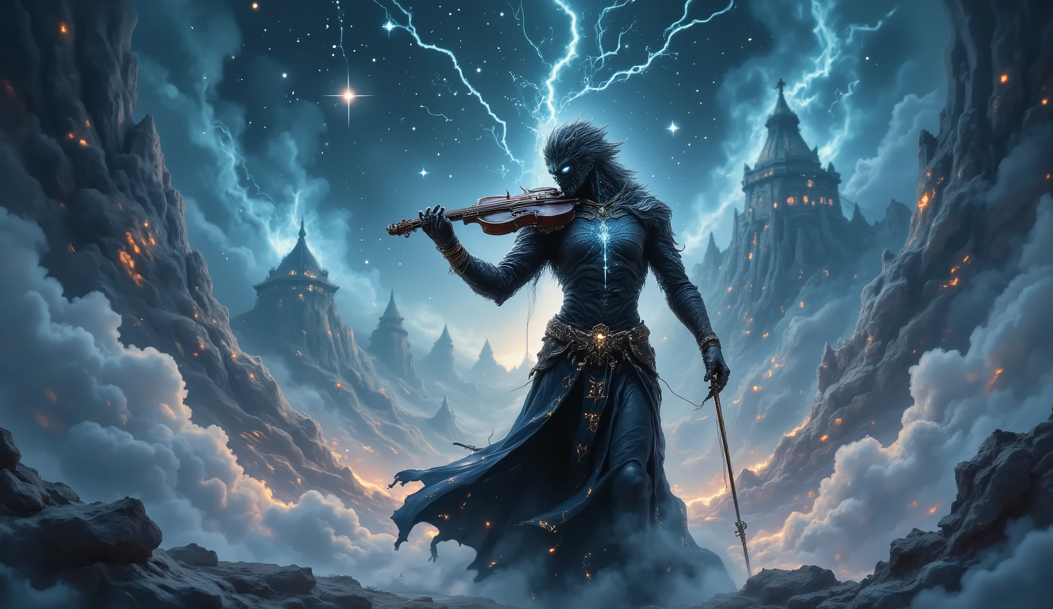 AURORA GALAXY, LONG DISTANCE SHOOTING, FULL BODY STAND, BEAUTIFUL STYLISH FEMALE DEMON WHILE PLAYING THE VIOLIN, AURORA LIGHTING, VERY DETAILED AND REALISTIC