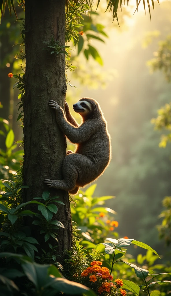 A rejuvenated sloth climbing onto a tall, healthy tree in a lush and untouched jungle. The morning sunlight creates a golden glow, and the tree is surrounded by dense green foliage and colorful flowers. The sloth pauses midway, looking back toward the rescue team standing at a distance, smiling with pride. In the background, the jungle appears alive and thriving."