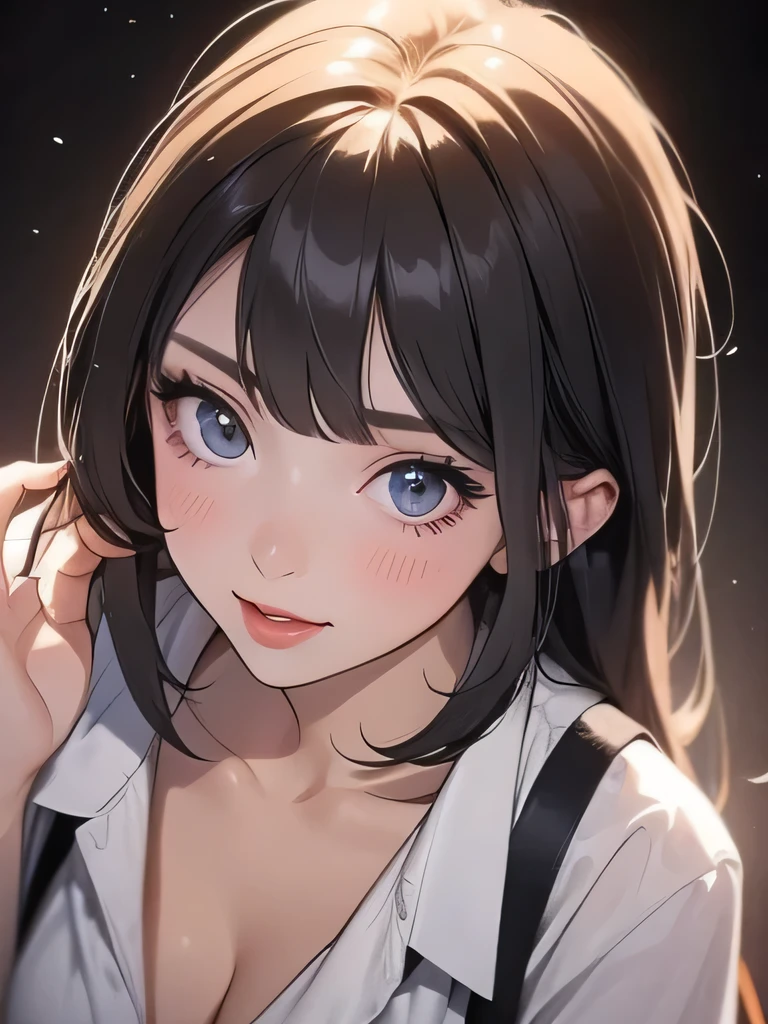 Top Masterpieces、 1 beautiful woman、aldult、My girlfriend's sister 、face close up, shot from above、Female student in plain clothes 、clavicle、fog、 Diabolical Smile、Taunt、blush、sweat、slouch、 viewers、Blowjob,Look up at the viewer、 Simple Background