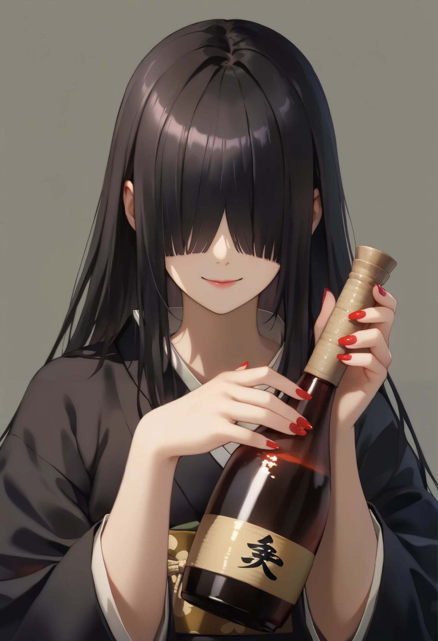 score_9, score_8_up, score_7_up, (1girl, solo), upper body, (black hair, long hair, straight hair, bangs, hair covering eyes), black kimono, head tilt, smile, holding Japanese SAKE bottle, (nail polish, red nails), (simple background, grey background)