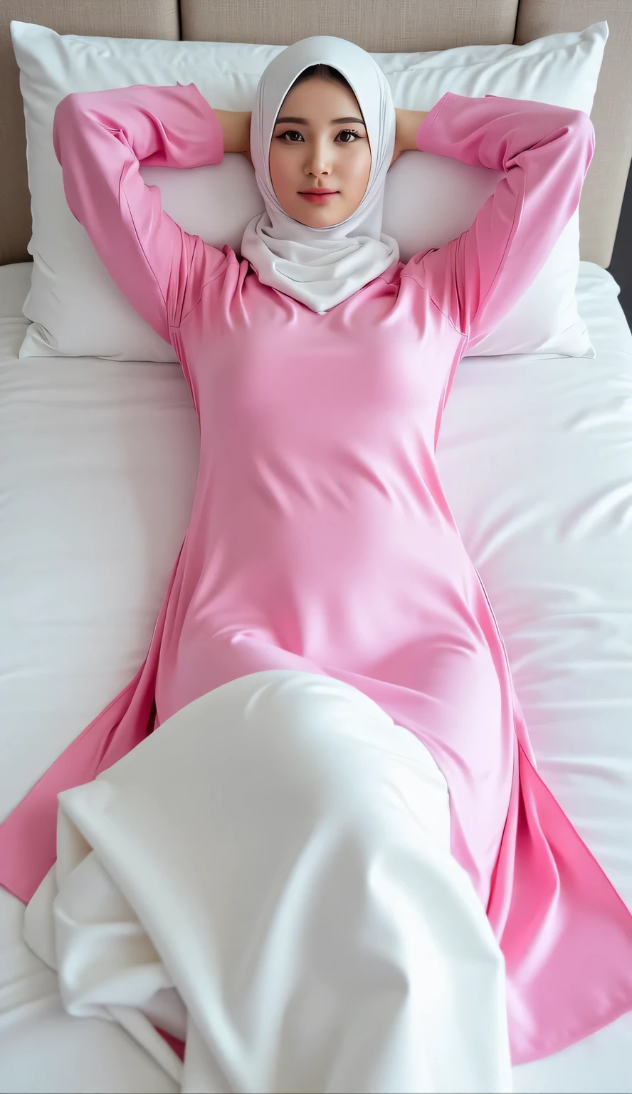 ultra realistic,ultra high quality,ultra high resolution,ultra high definition,maximum sharp focus,octane renderings,wide angle view,full body shot image of a stunningly beautiful delicate face 18 years old girl was sleeping on a white small,single bed.She lays her head on the pillow and her body back on the bed.She wears ((short white hijab)) , white longsleeve satin dress((only)), and ((BLUE COBALT long plain straight skirt)), soft focus