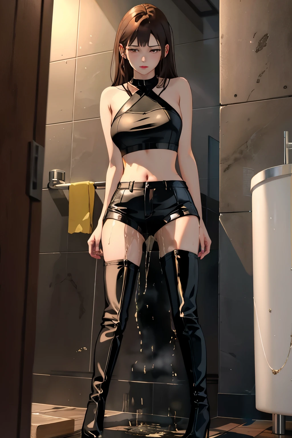 highres, beautiful women, high detail, good lighting, lewd, hentai, (((bike shorts))), (leather halter top), (bare midriff), (cameltoe), (((leather thigh high heel boots))), (wet shorts), (((wetting herself))), (((peeing herself))), pee streaming down legs, peeing stain, (puddle), (thick thighs), nice long legs, lipstick, detailed face, pretty face, humiliated, embarrassed, (full body shot), ((waiting for bathroom with line of women in queue))